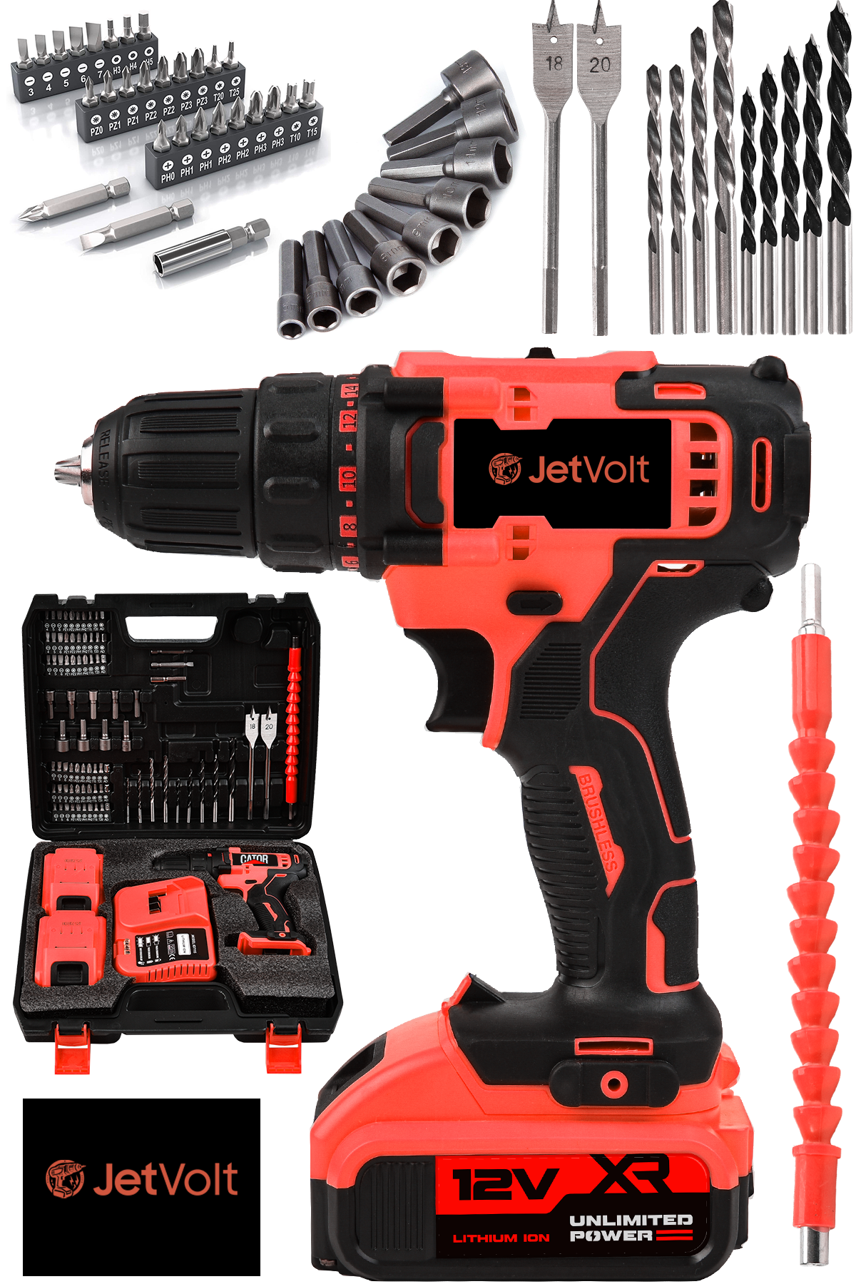 JetVolt 12V 1.5Ah Metal Şanzuman Çift Akülü 84 Parça Şarjlı Matkap Akülü Vidalama - Kırmızı