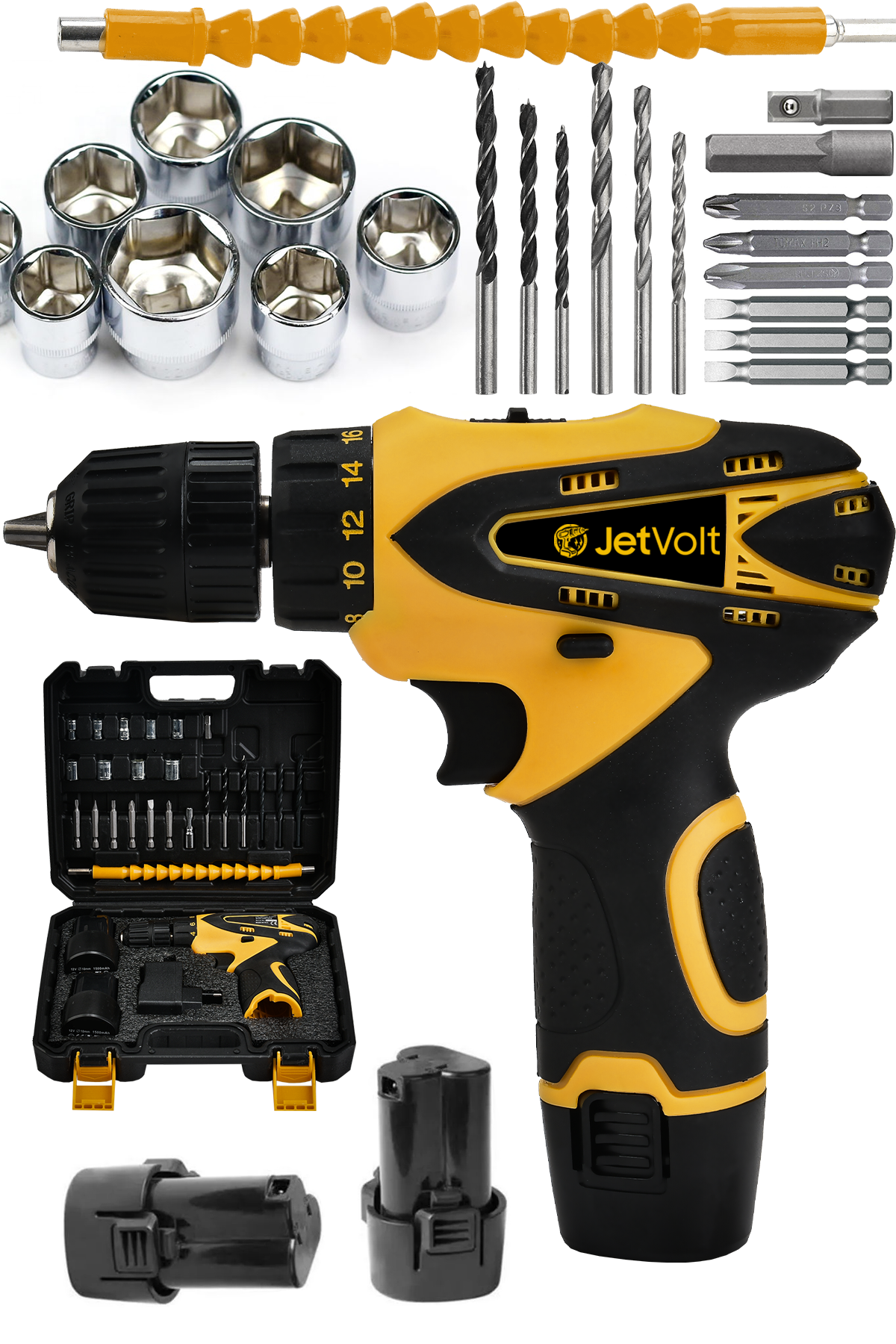 JetVolt 12V 1.5Ah Çift Akülü Vidalama Şarjlı Matkap 24 Parça - Sarı