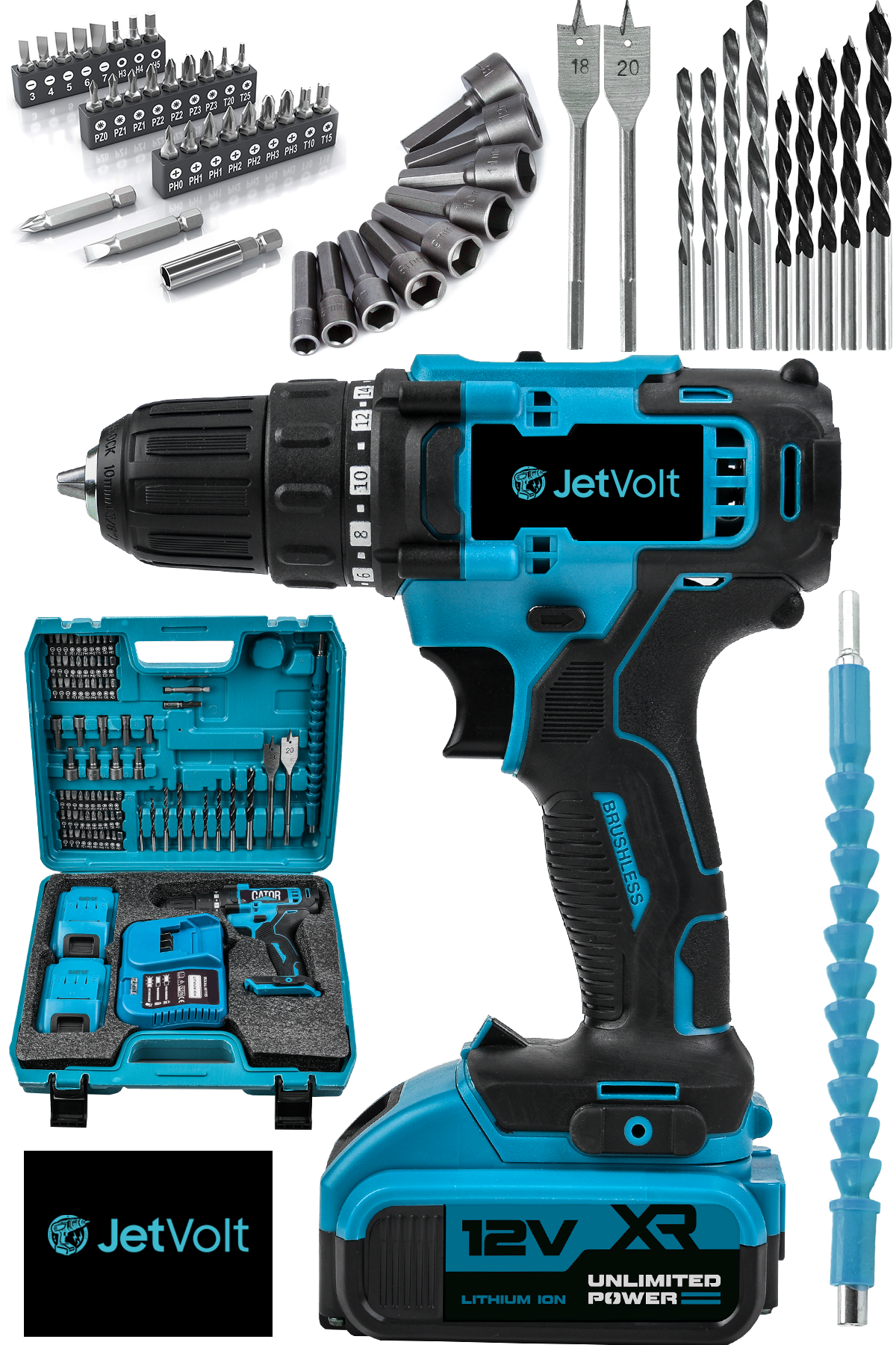 JetVolt 12V 1.5Ah Metal Şanzuman Çift Akülü 84 Parça Şarjlı Matkap Akülü Vidalama - Mavi