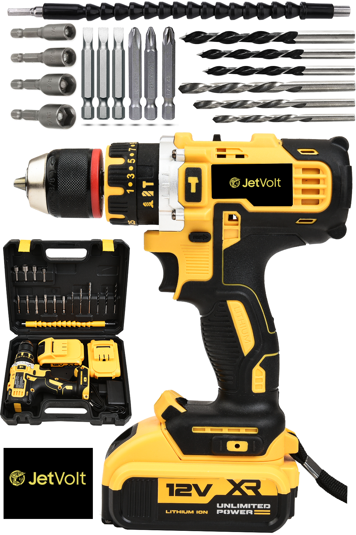 JetVolt 12V 1.5Ah Çelik Şanzıman Çift Akülü Darbeli Şarjlı Matkap Akülü Vidalama - Sarı