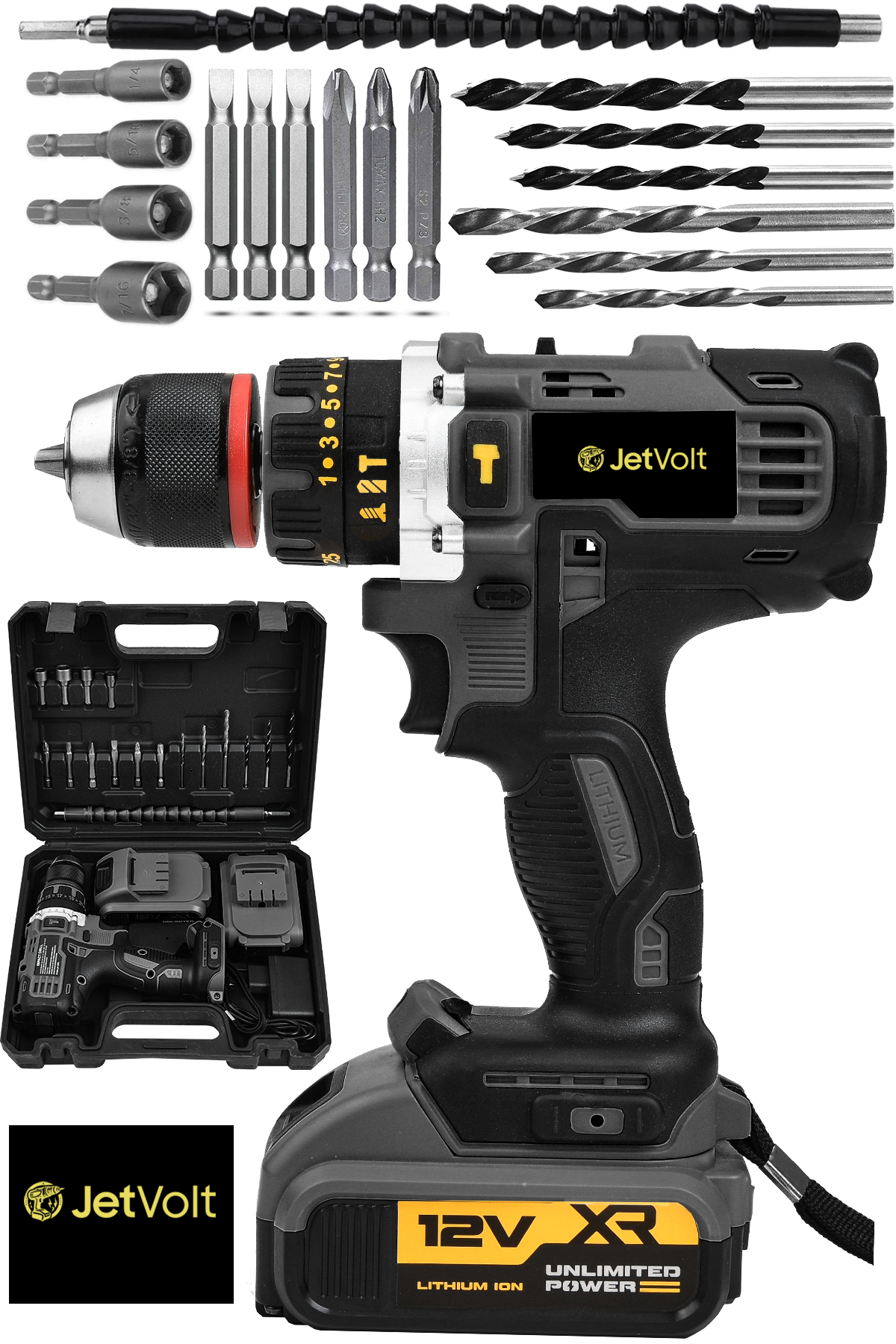 JetVolt 12V 1.5Ah Çelik Şanzıman Çift Akülü Darbeli Şarjlı Matkap Akülü Vidalama - Siyah