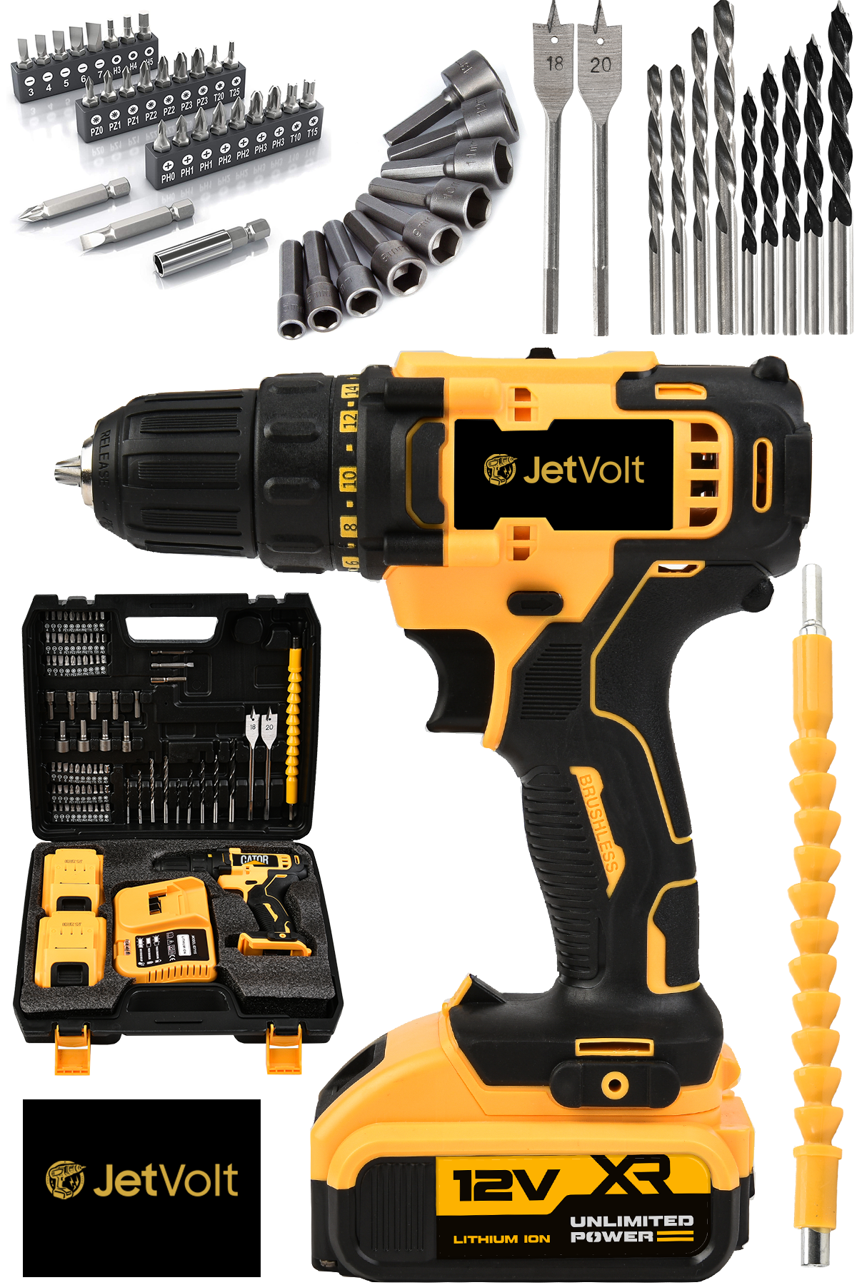 JetVolt 12V 1.5Ah Metal Şanzuman Çift Akülü 84 Parça Şarjlı Matkap Akülü Vidalama - Sarı
