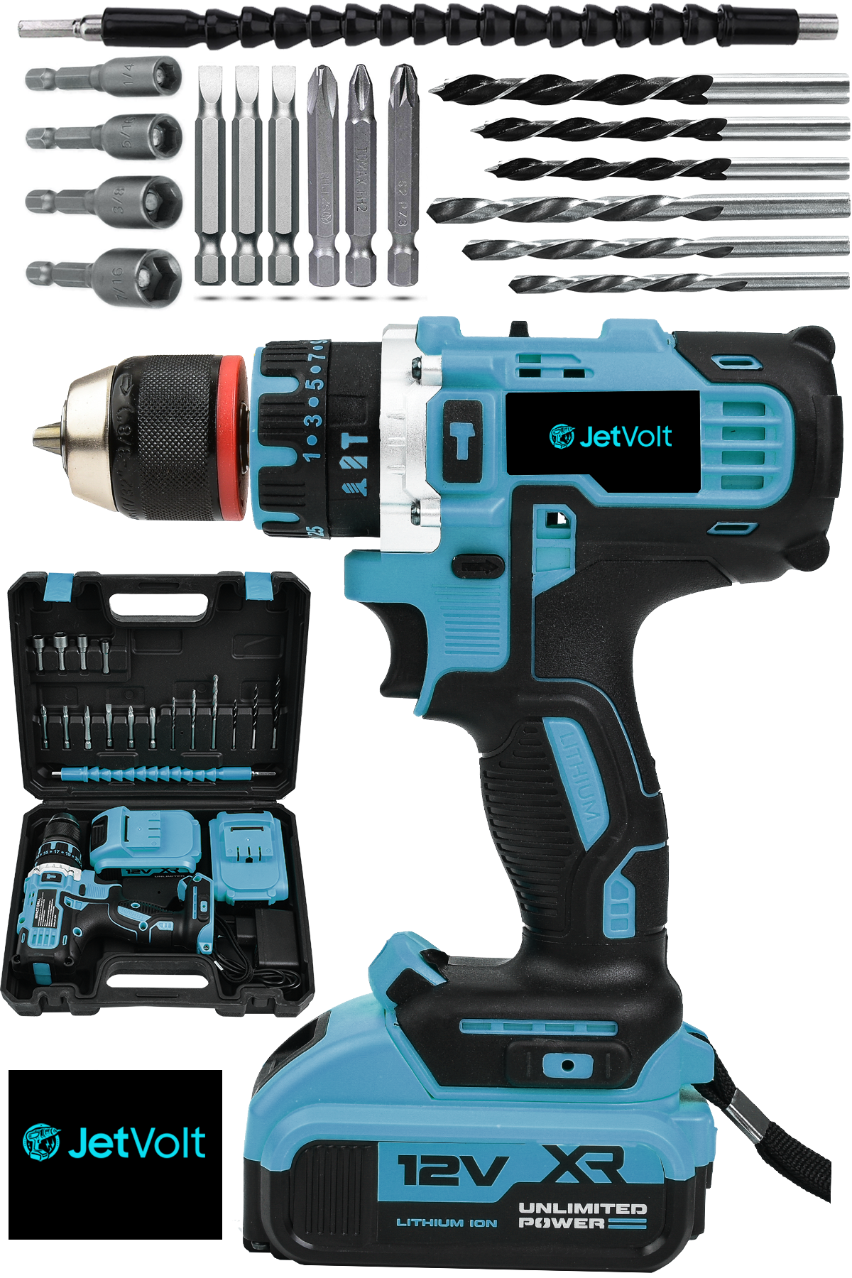 JetVolt 12V 1.5Ah Çelik Şanzıman Çift Akülü Darbeli Şarjlı Matkap Akülü Vidalama - Mavi