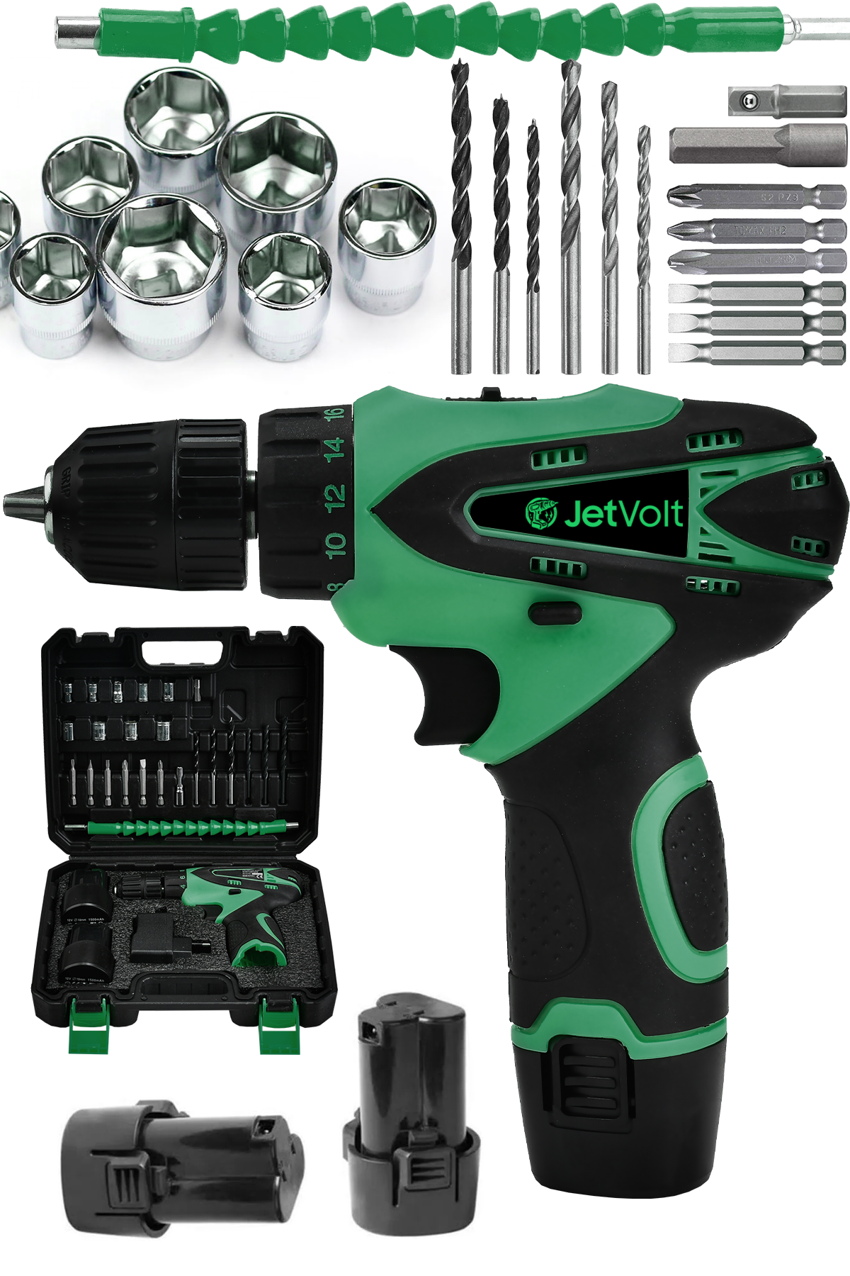 JetVolt 12V 1.5Ah Çift Akülü Vidalama Şarjlı Matkap 24 Parça - Yeşil
