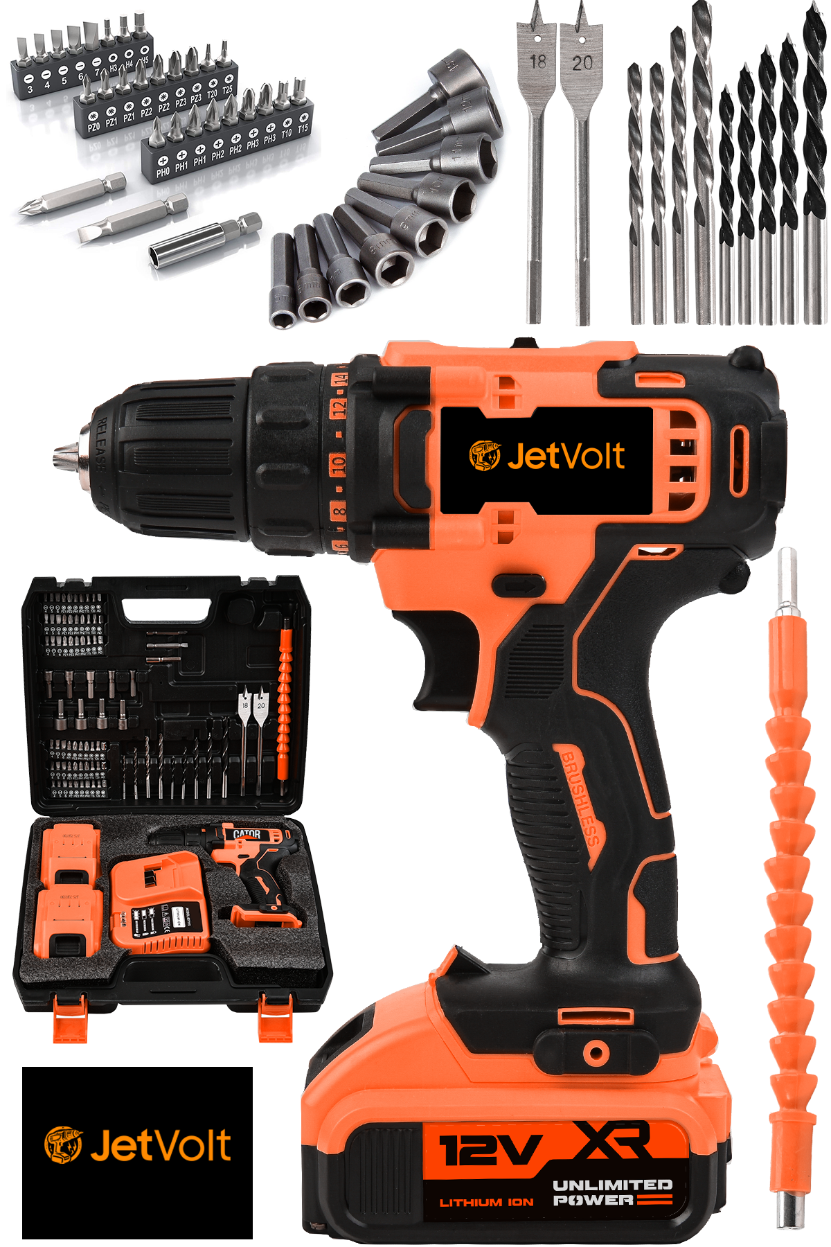 JetVolt 12V 1.5Ah Metal Şanzuman Çift Akülü 84 Parça Şarjlı Matkap Akülü Vidalama - Turuncu