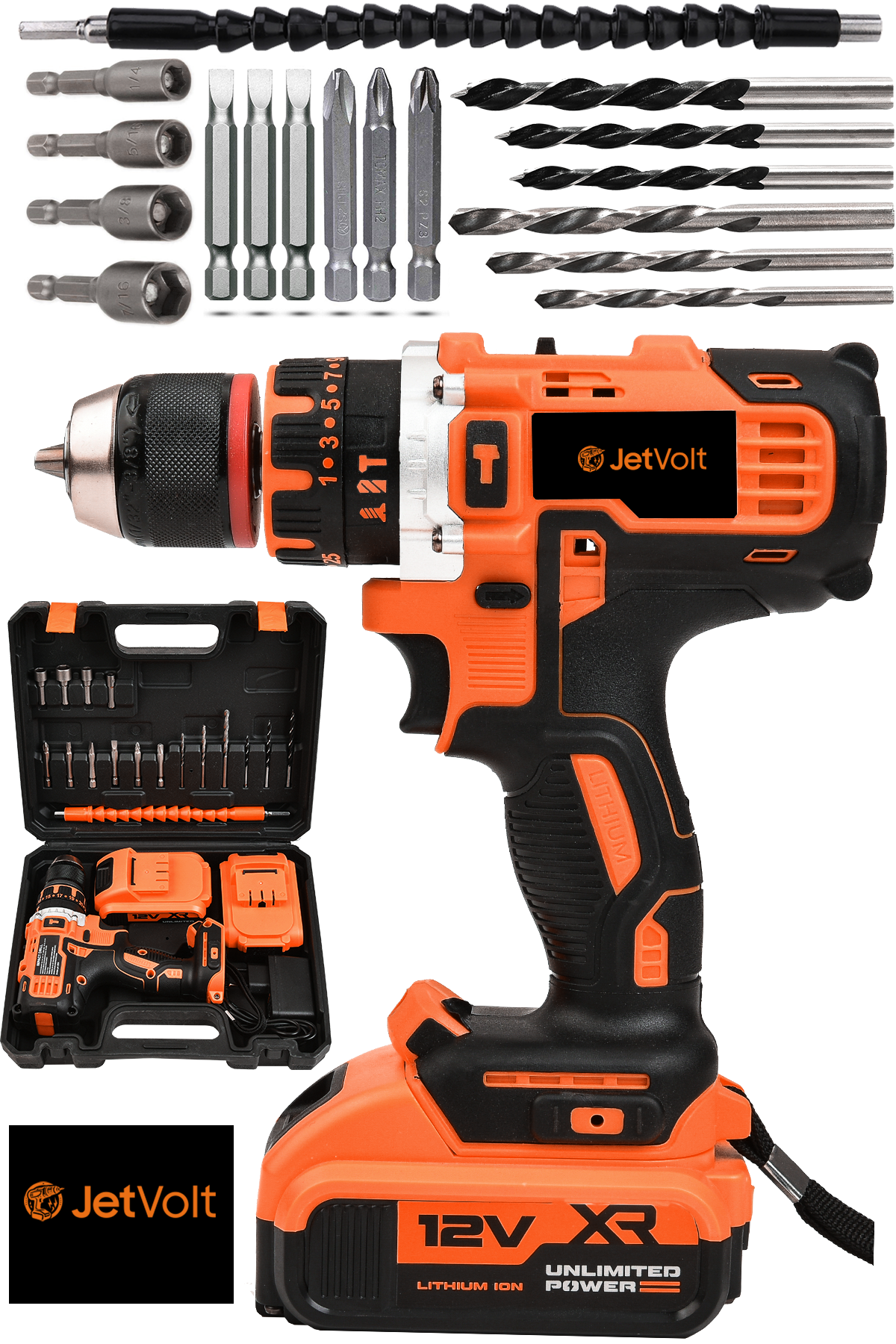 JetVolt 12V 1.5Ah Çelik Şanzıman Çift Akülü Darbeli Şarjlı Matkap Akülü Vidalama - Turuncu