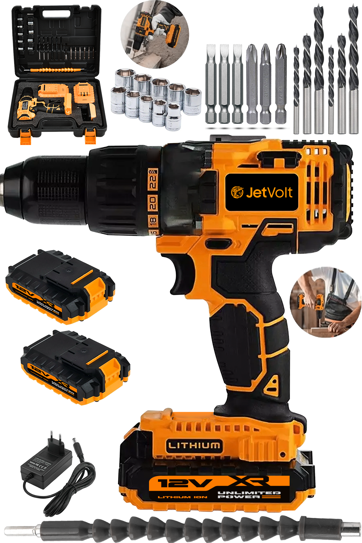 JetVolt 12V 1.5Ah Metal Şanzıman Çift Akülü Bakır Sargı 24 Parça Şarjlı Matkap Akülü Vidalama - Turuncu