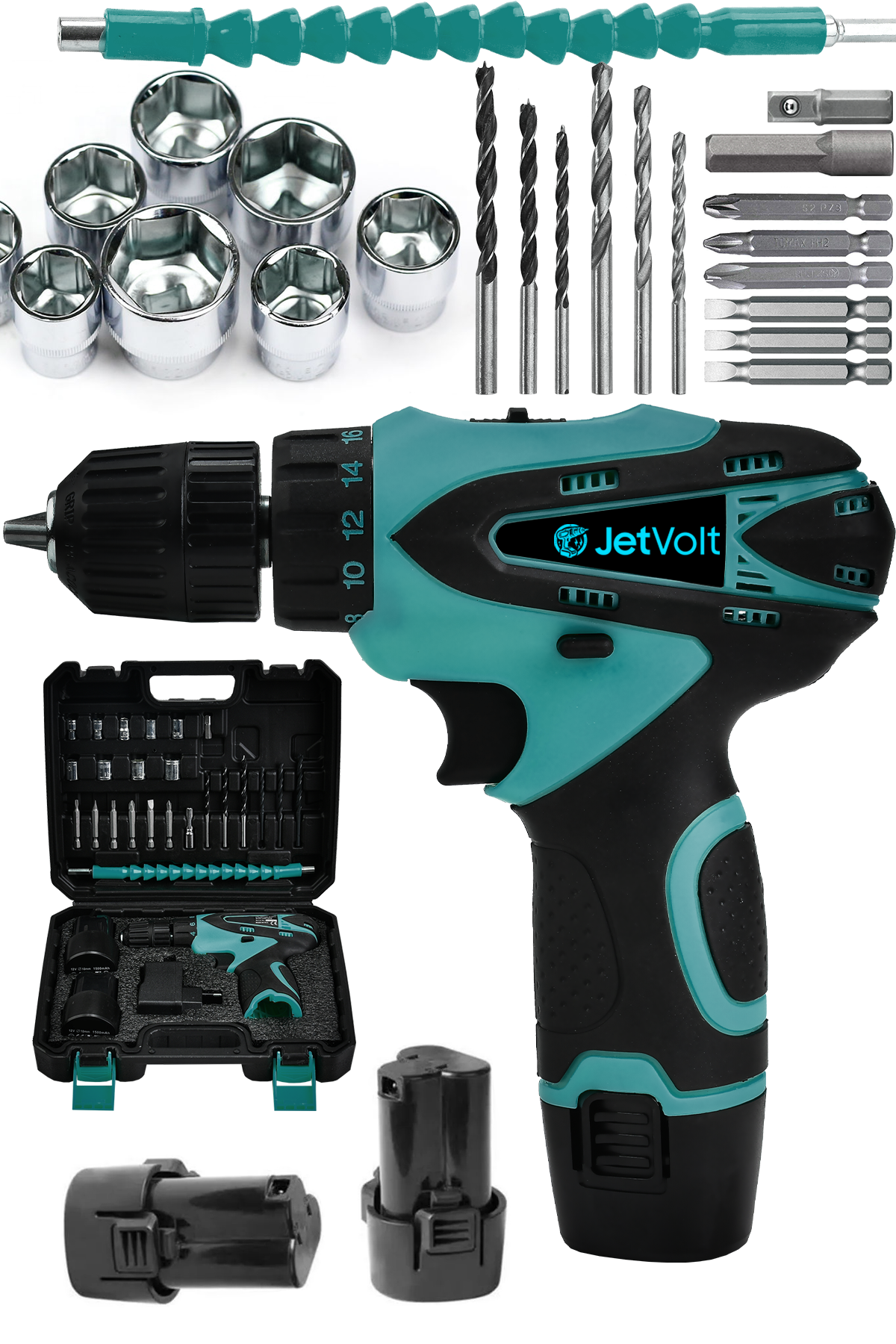 JetVolt 12V 1.5Ah Çift Akülü Vidalama Şarjlı Matkap 24 Parça - Mavi