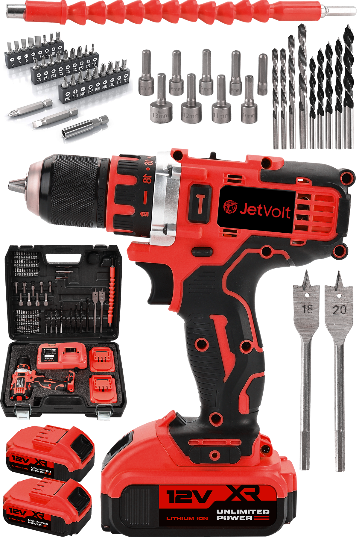 JetVolt 12V 2.0Ah Şarjlı Matkap Metal Şanzıman Bakır Sargılı Çift Akülü 84 Parça Set - Kırmızı