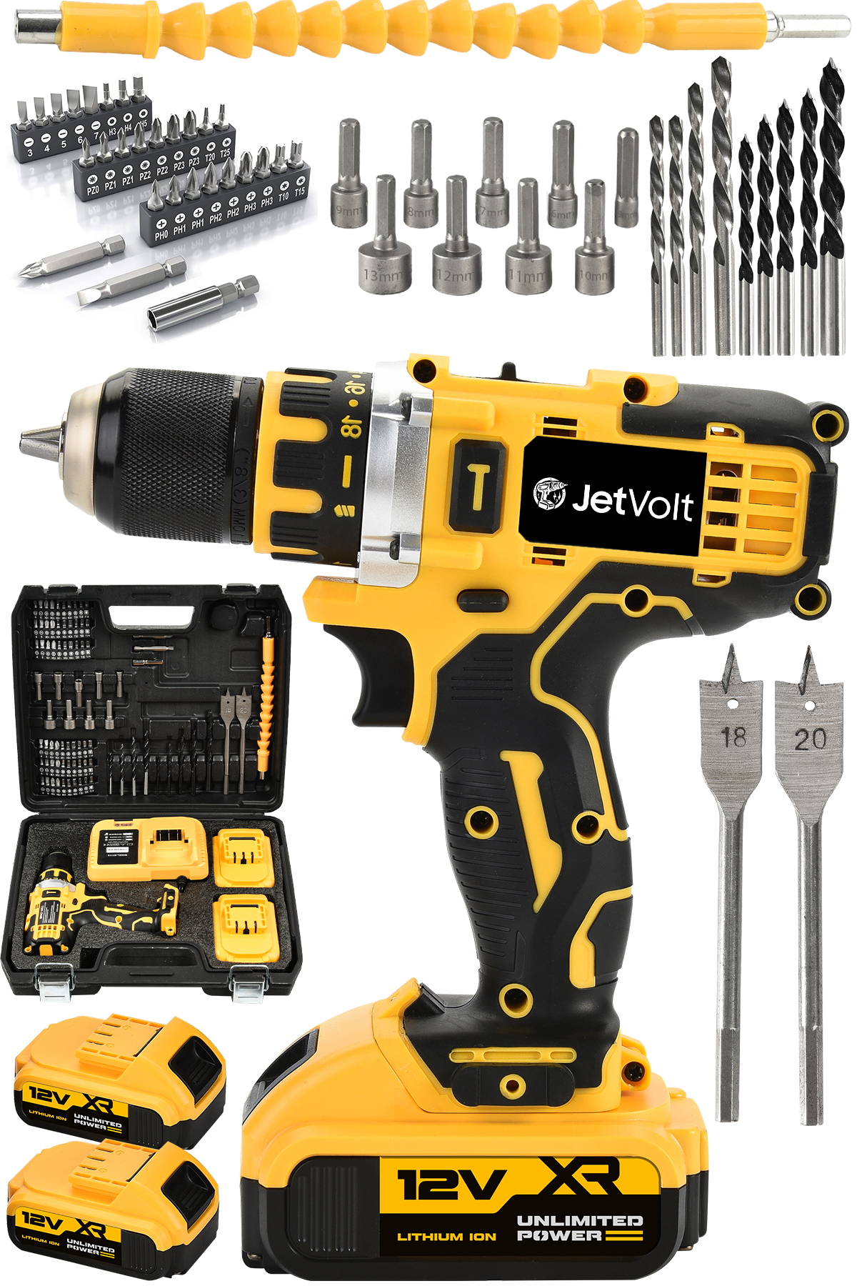 JetVolt 12V 2.0Ah Şarjlı Matkap Metal Şanzıman Bakır Sargılı Çift Akülü 84 Parça Set - Sarı