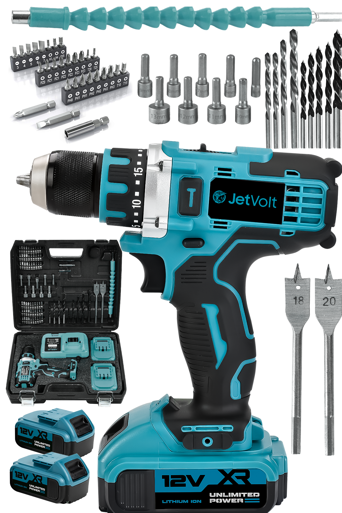JetVolt 12V 2.0Ah Şarjlı Matkap Metal Şanzıman Bakır Sargılı Çift Akülü 84 Parça Set - Mavi