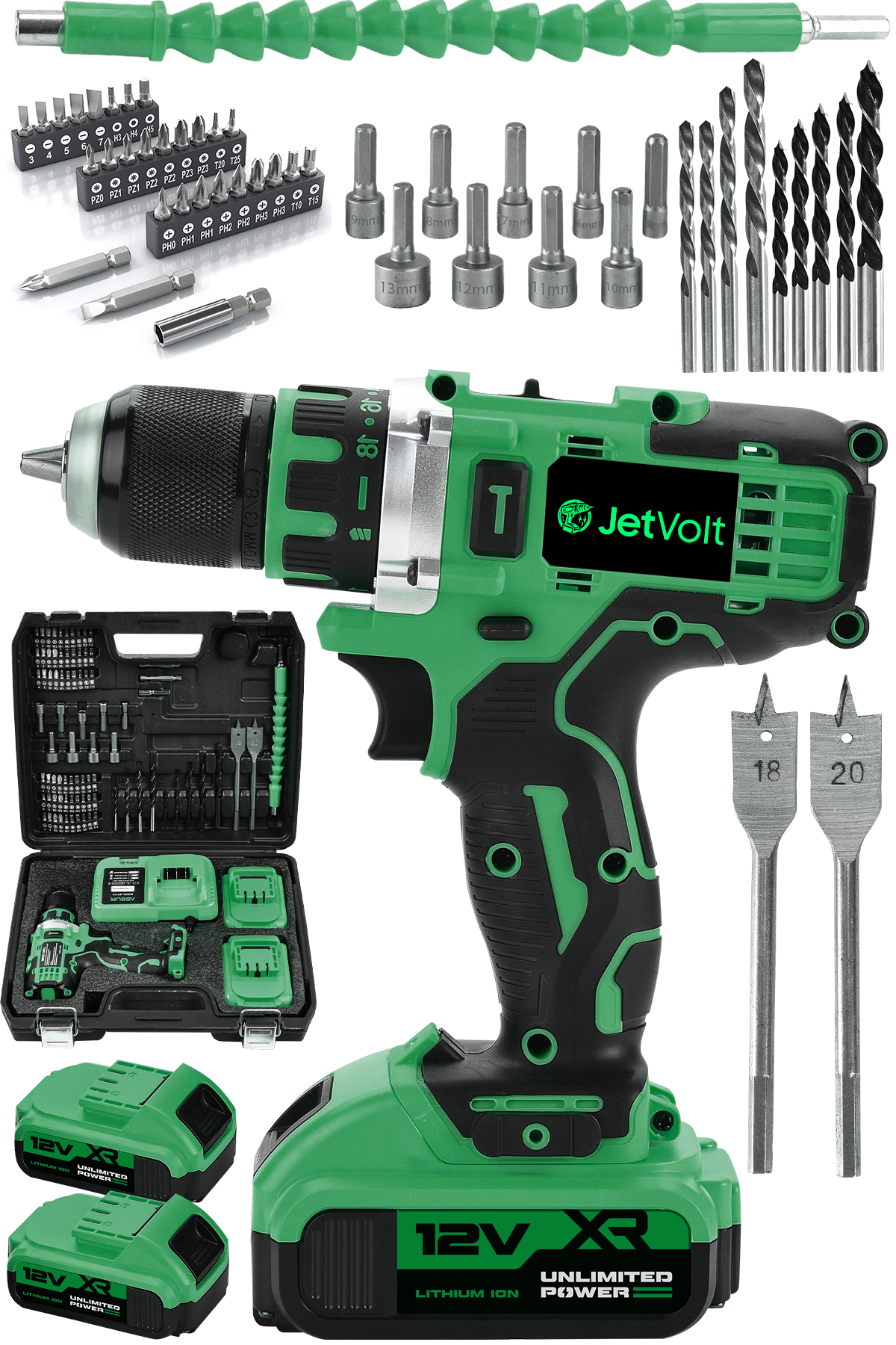 JetVolt 12V 2.0Ah Şarjlı Matkap Metal Şanzıman Bakır Sargılı Çift Akülü 84 Parça Set - Yeşil