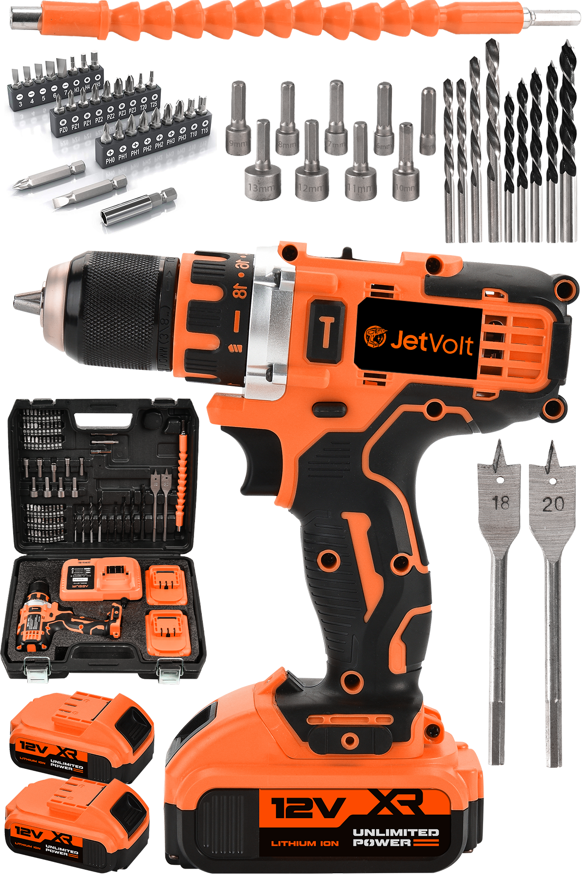 JetVolt 12V 2.0Ah Şarjlı Matkap Metal Şanzıman Bakır Sargılı Çift Akülü 84 Parça Set - Turuncu