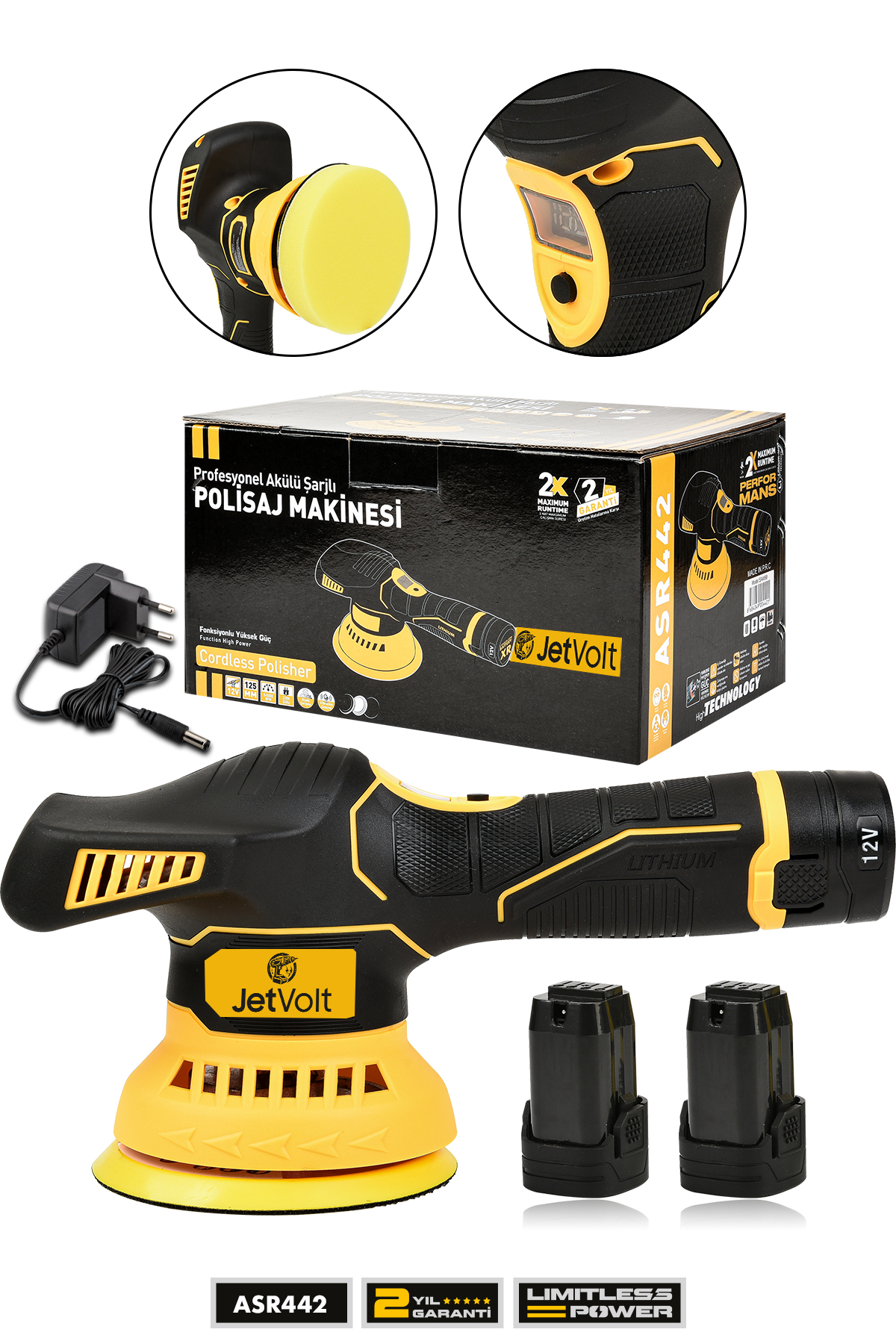 JetVolt 12V Orbital 8 Kademli Cila Pasta Parlatma Polisaj Makinesi Sarı