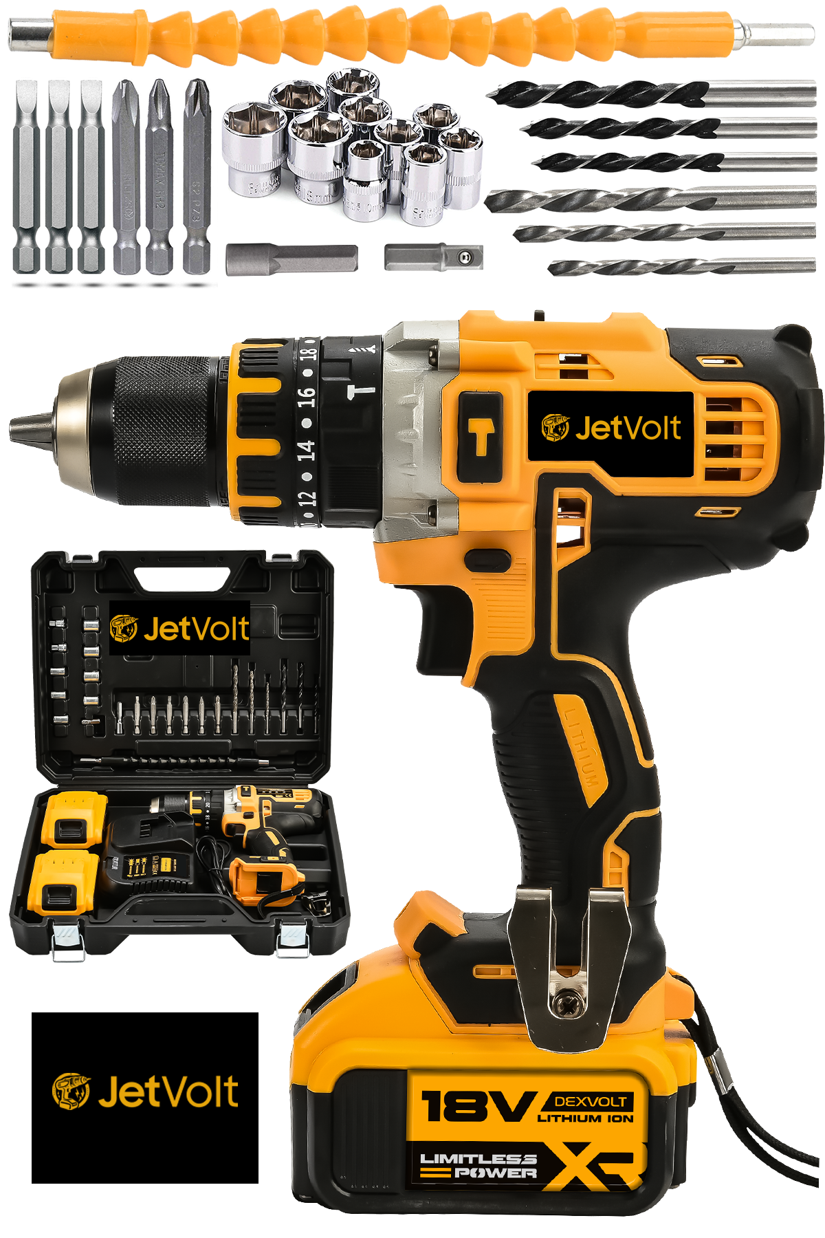 JetVolt 18V Metal Şanzıman Çift Akülü Şarjlı Darbeli Matkap 24 Parça - Sarı