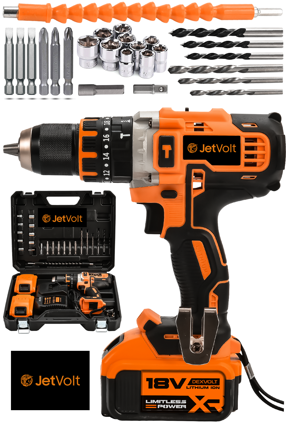 JetVolt 18V Metal Şanzıman Çift Akülü Şarjlı Darbeli Matkap 24 Parça - Turuncu