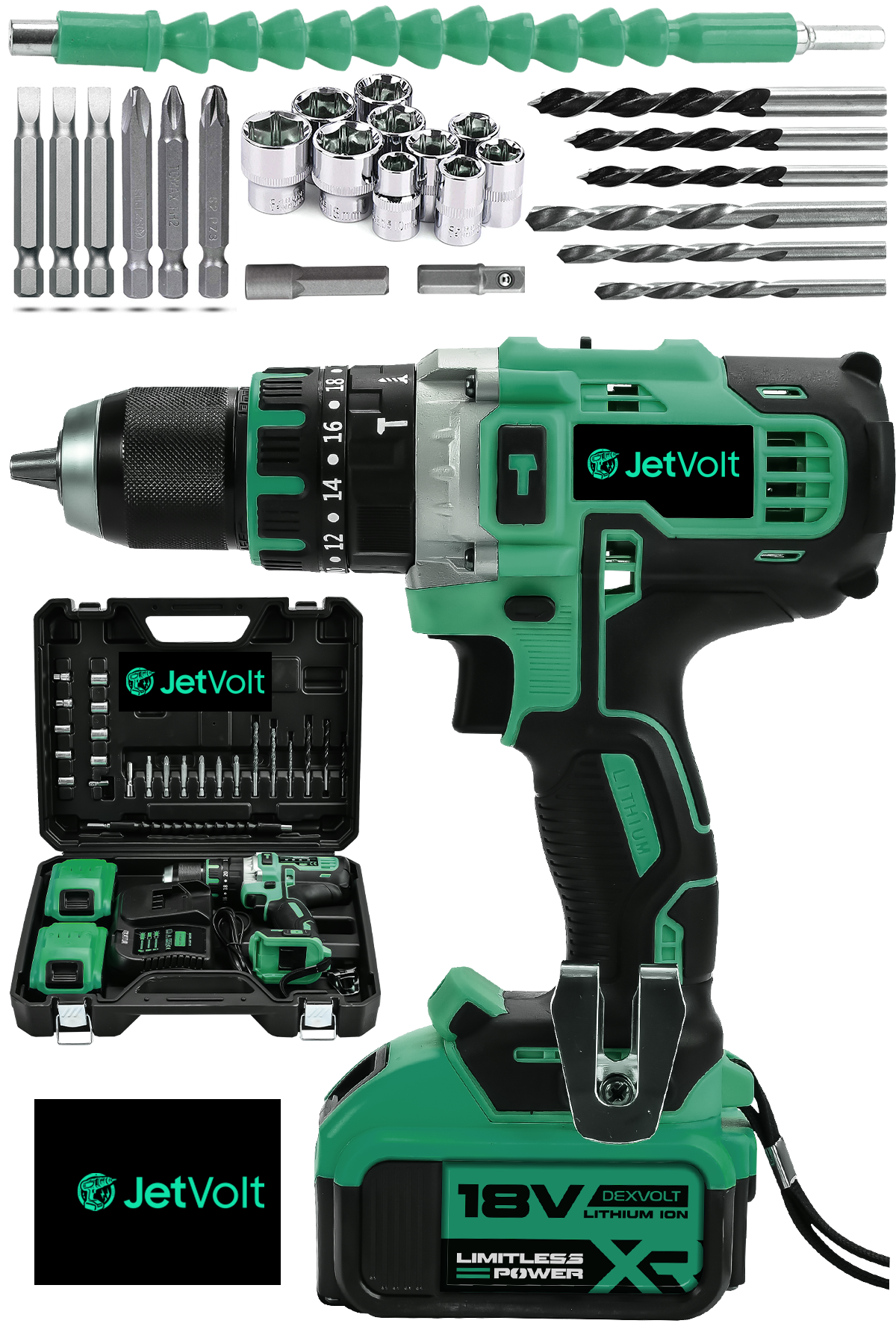 JetVolt 18V Metal Şanzıman Çift Akülü Şarjlı Darbeli Matkap 24 Parça - Yeşil