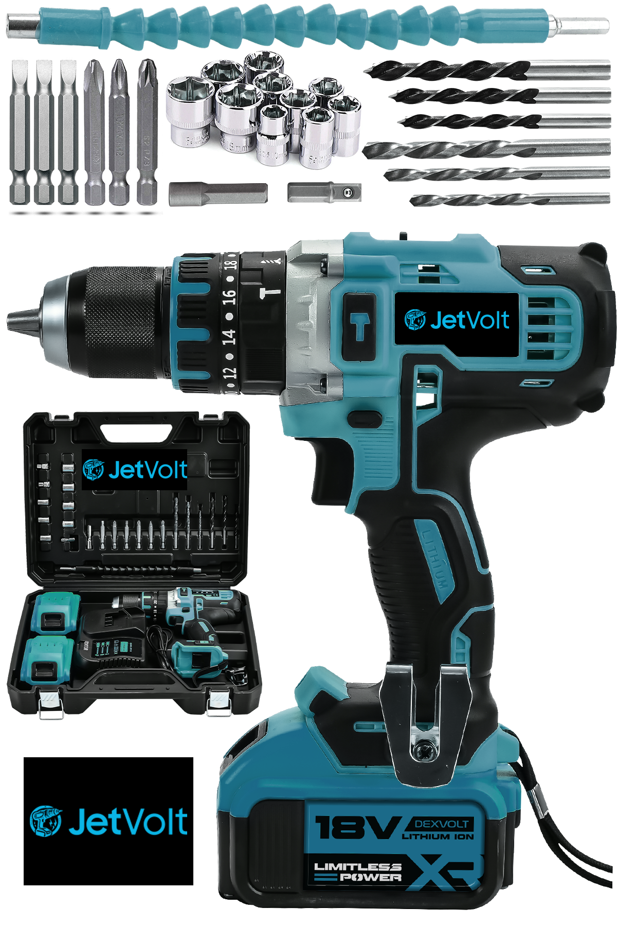 JetVolt 18V Metal Şanzıman Çift Akülü Şarjlı Darbeli Matkap 24 Parça - Mavi