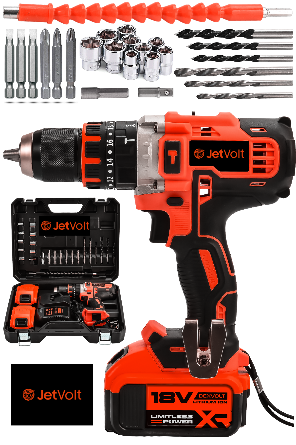 JetVolt 18V Metal Şanzıman Çift Akülü Şarjlı Darbeli Matkap 24 Parça - Kırmızı