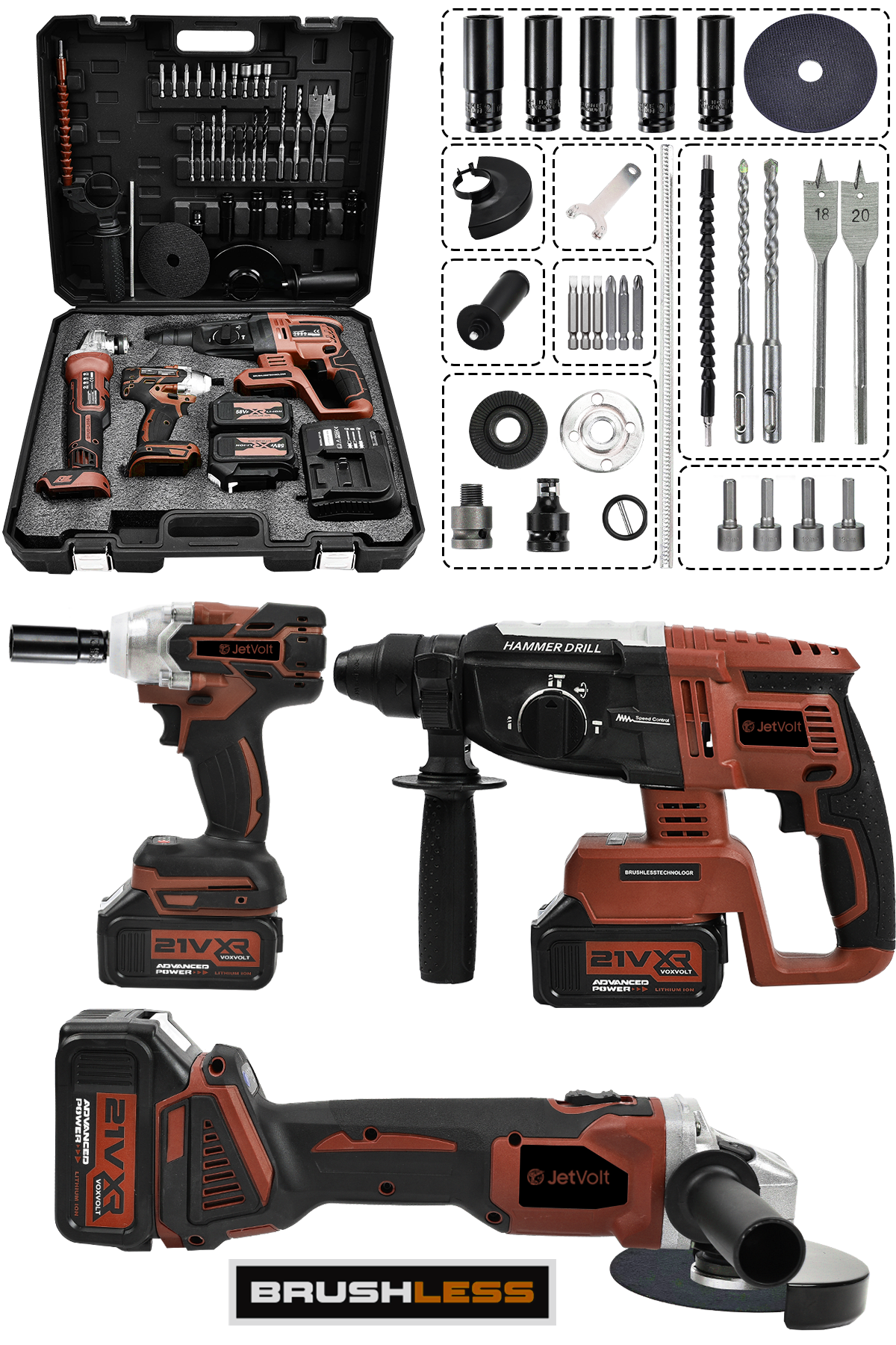JetVolt 21V 2.0Ah 3 Lü Set Şarjlı Matkap Hilti 2-26mm 450Nm Torklu Vidalama Somun Sıkma Şarjlı Taşlama 125mm - Kırmızı