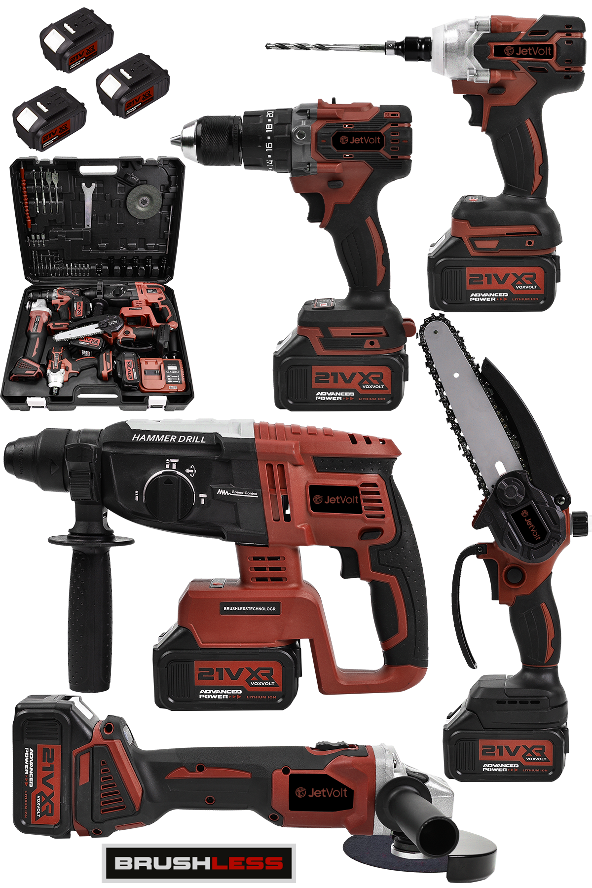 JetVolt 21V 2.0Ah Kömürsüz Darbeli 5'li Set Şarjlı Hilti + Taşlama + Somun Sıkma + Akülü Vidalama + Budama Testeri - Kırmızı