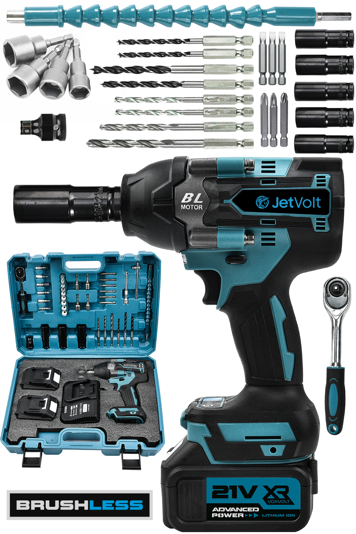 JetVolt 21V 2.0Ah Akülü Vidalama Darbeli Kömürsüz Motor 800Nm 10 Pilli Bijon Somun Sökme Sıkma - Mavi