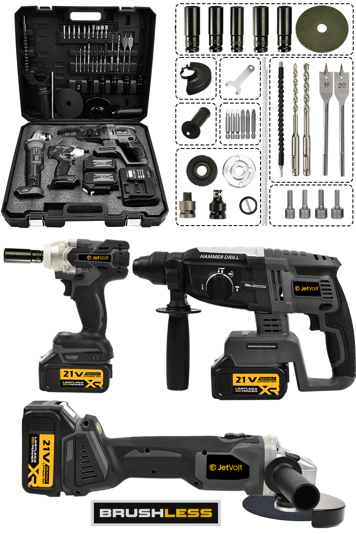 JetVolt 21V 2.0Ah 3 Lü Set Şarjlı Matkap Hilti 2-26mm 450Nm Torklu Vidalama Somun Sıkma Şarjlı Taşlama 125mm - Siyah