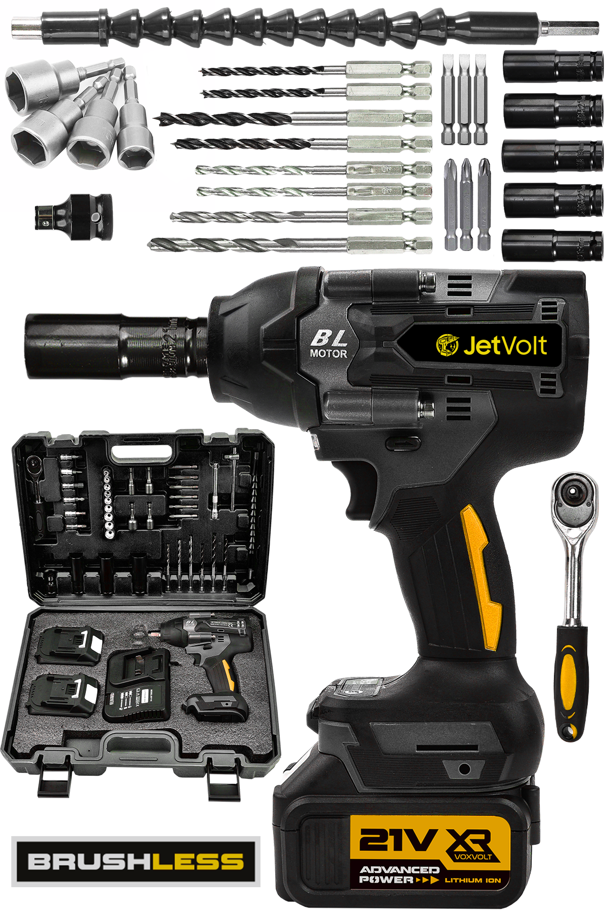 JetVolt 21V 2.0Ah Akülü Vidalama Darbeli Kömürsüz Motor 800Nm 10 Pilli Bijon Somun Sökme Sıkma - Sarı