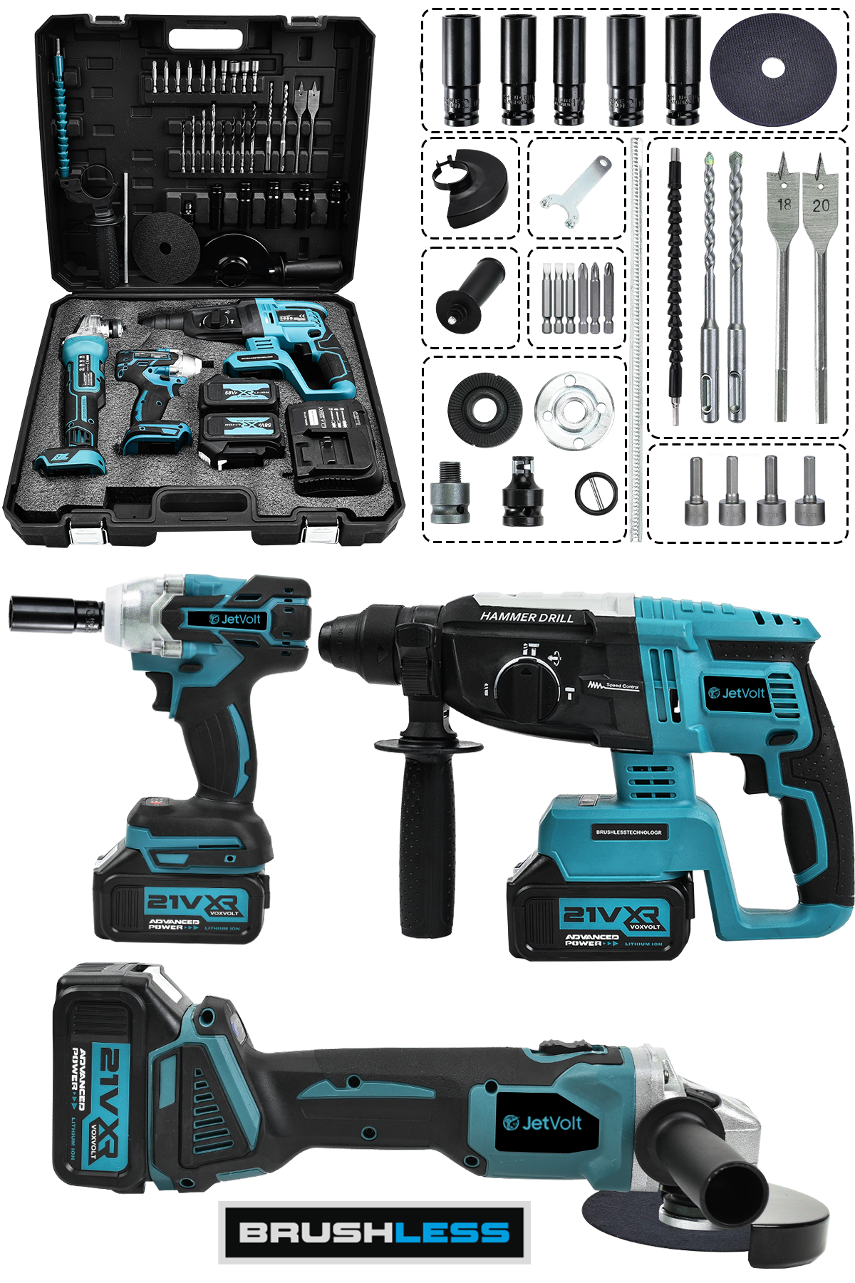 JetVolt 21V 2.0Ah 3 Lü Set Şarjlı Matkap Hilti 2-26mm 450Nm Torklu Vidalama Somun Sıkma Şarjlı Taşlama 125mm - Mavi