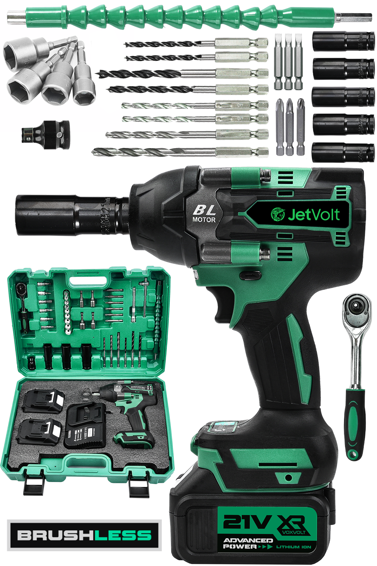 JetVolt 21V 2.0Ah Akülü Vidalama Darbeli Kömürsüz Motor 800Nm 10 Pilli Bijon Somun Sökme Sıkma - Yeşil