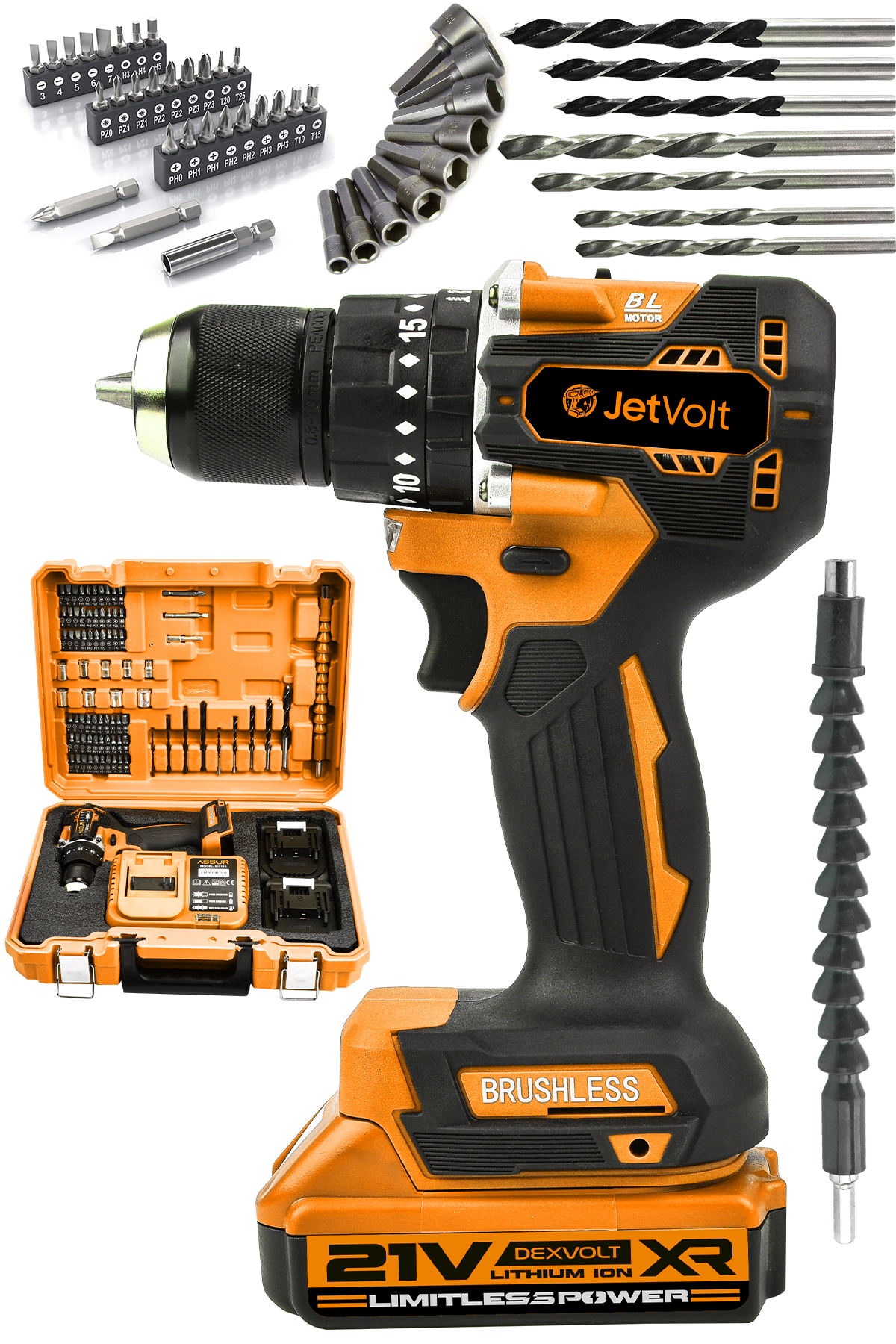 JetVolt 21V 2.0Ah Kömürsüz Motor Çelik Mandren Darbeli Şarjlı Matkap Akülü Vidalama - Turuncu
