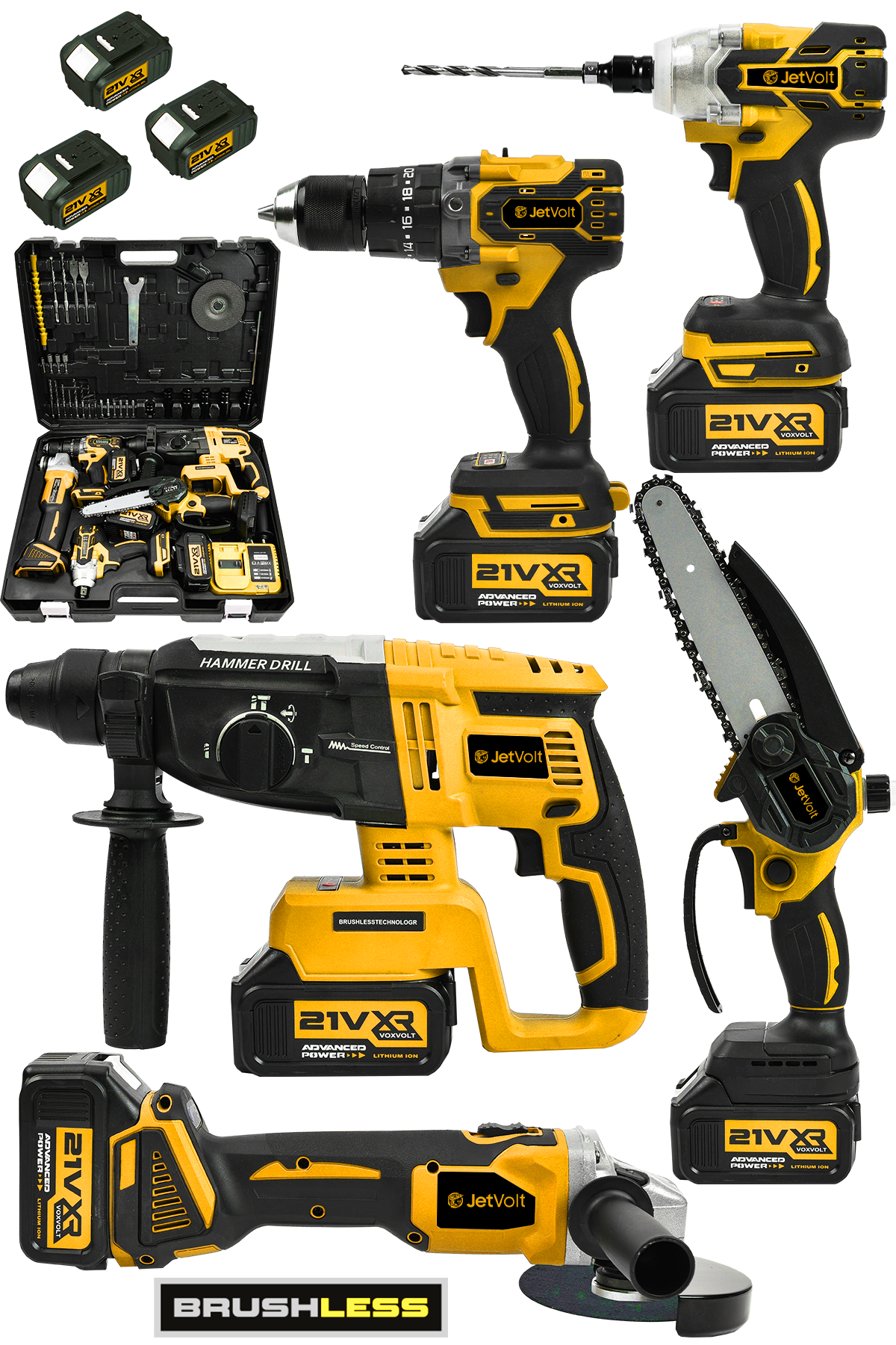 JetVolt 21V 2.0Ah Kömürsüz Darbeli 5'li Set Şarjlı Hilti + Taşlama + Somun Sıkma + Akülü Vidalama + Budama Testeri - Sarı
