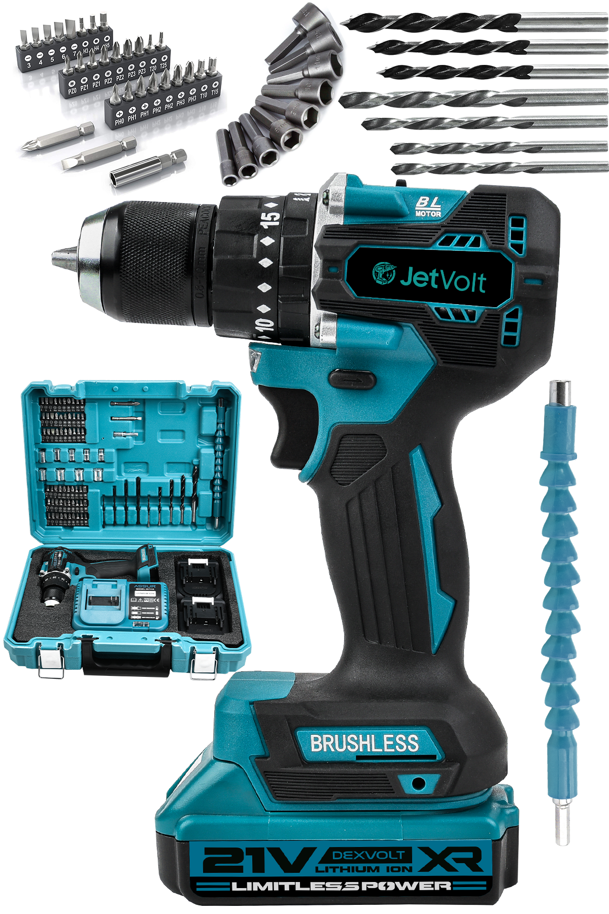 JetVolt 21V 2.0Ah Kömürsüz Motor Çelik Mandren Darbeli Şarjlı Matkap Akülü Vidalama - Mavi