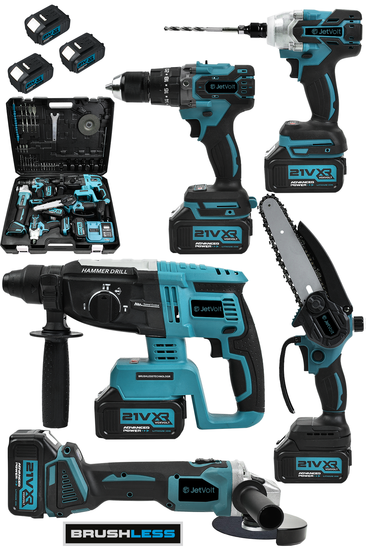JetVolt 21V 2.0Ah Kömürsüz Darbeli 5'li Set Şarjlı Hilti + Taşlama + Somun Sıkma + Akülü Vidalama + Budama Testeri - Mavi
