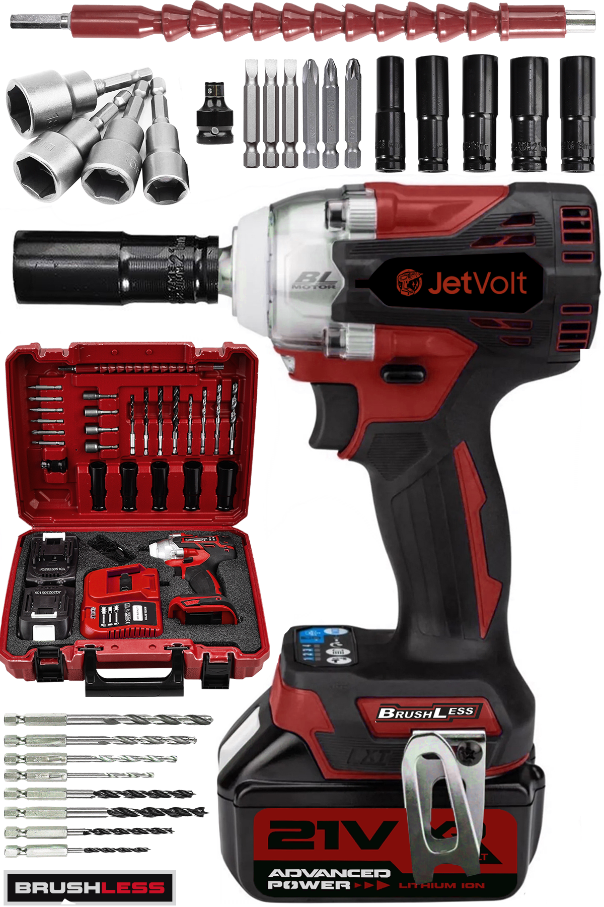 JetVolt 21V 2.0Ah Profesyonel Somun Sıkma Sökme Şarjlı Darbeli Matkap Akülü Vidalama - Kırmızı