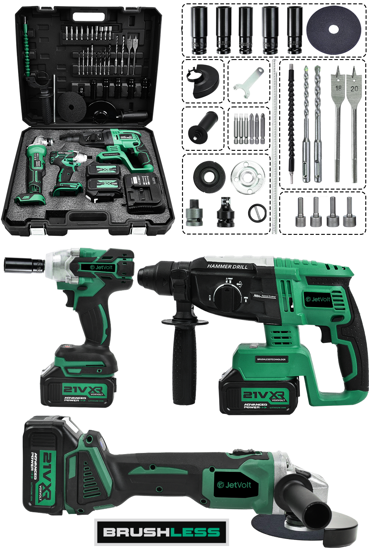JetVolt 21V 2.0Ah 3 Lü Set Şarjlı Matkap Hilti 2-26mm 450Nm Torklu Vidalama Somun Sıkma Şarjlı Taşlama 125mm - Yeşil