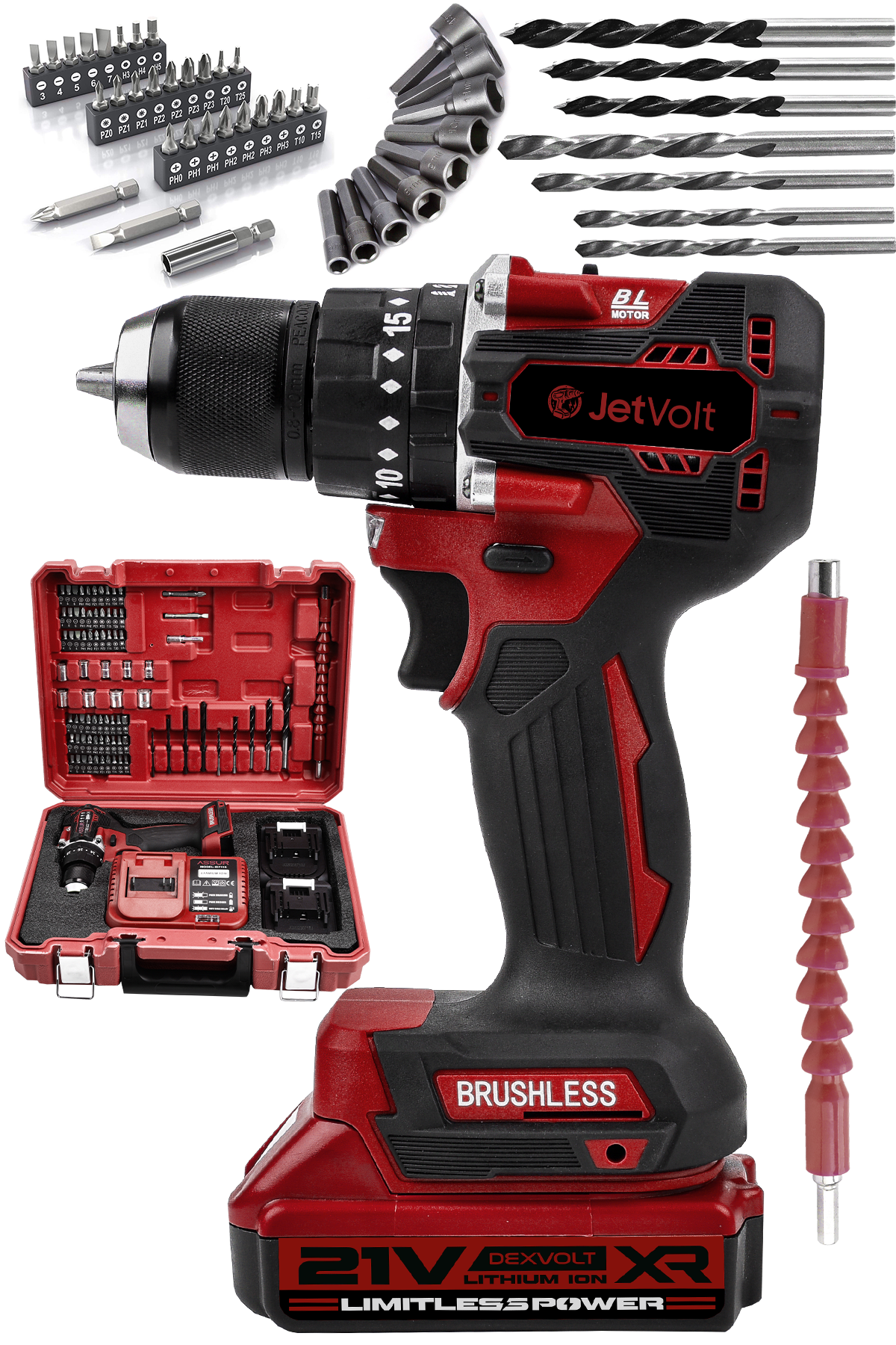 JetVolt 21V 2.0Ah Kömürsüz Motor Çelik Mandren Darbeli Şarjlı Matkap Akülü Vidalama - Kırmızı