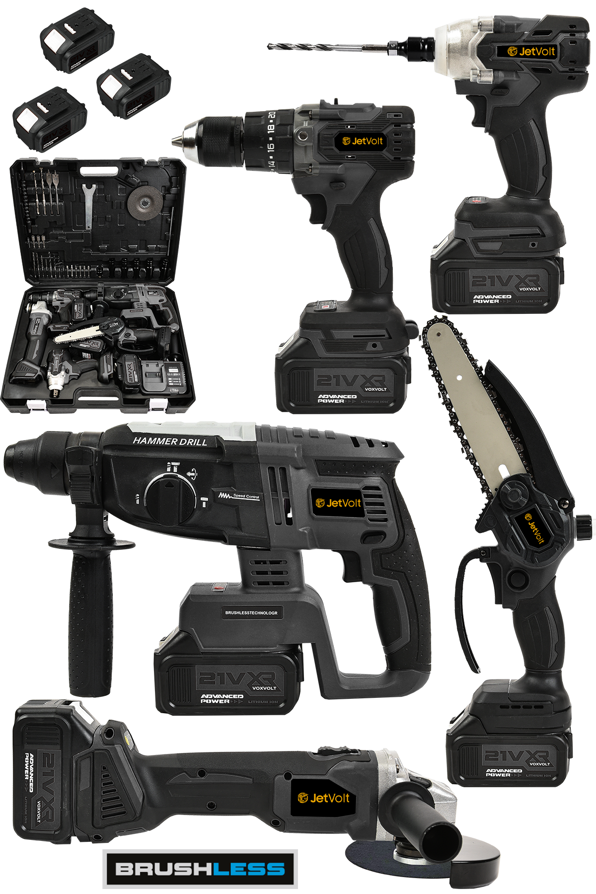JetVolt 21V 2.0Ah Kömürsüz Darbeli 5'li Set Şarjlı Hilti + Taşlama + Somun Sıkma + Akülü Vidalama + Budama Testeri - Siyah
