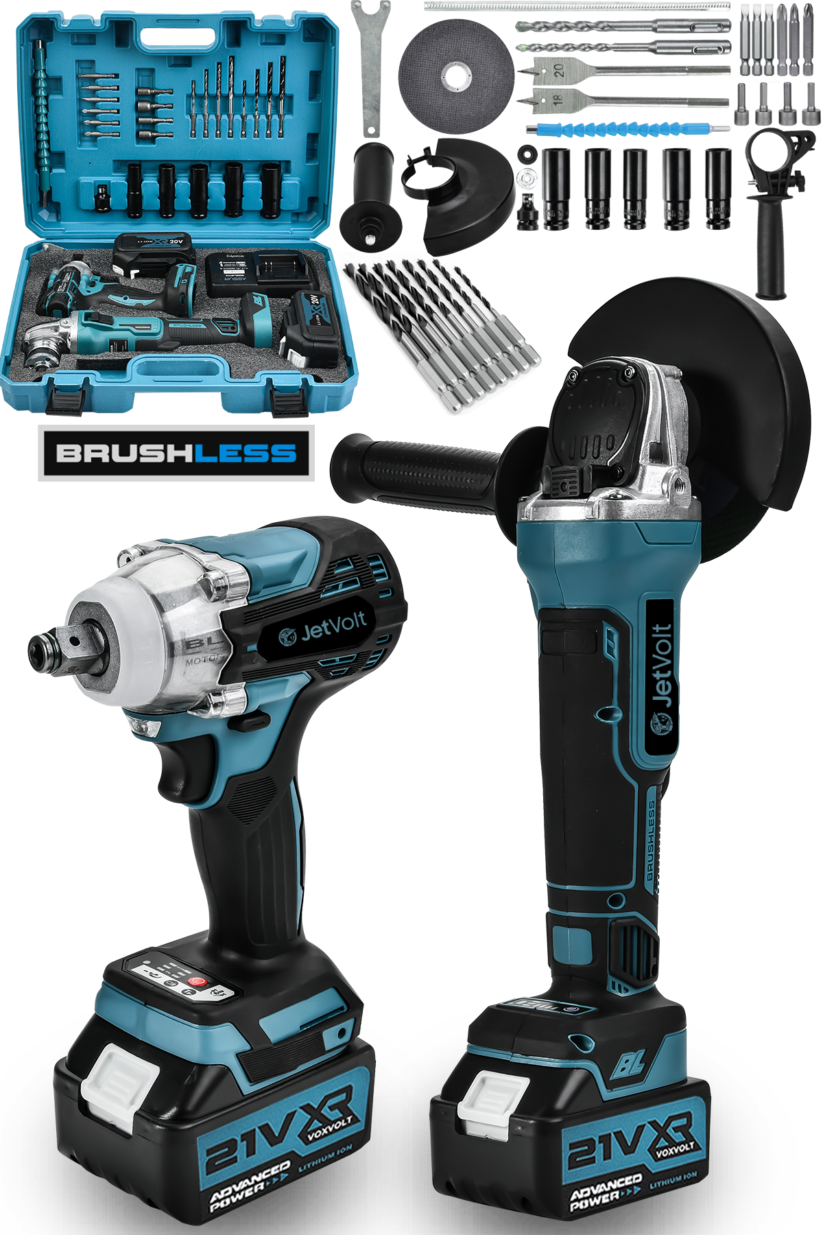 JetVolt 21V 2.0Ah Şarjlı Somun Sıkma Sökme Darbeli 450Nm + Şarjlı Taşlama 125mm Kömürsüz Profesyonel 2'li Set - Mavi