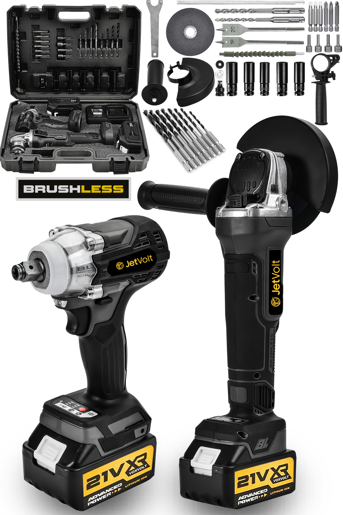 JetVolt 21V 2.0Ah Şarjlı Somun Sıkma Sökme Darbeli 450Nm + Şarjlı Taşlama 125mm Kömürsüz Profesyonel 2'li Set - Siyah