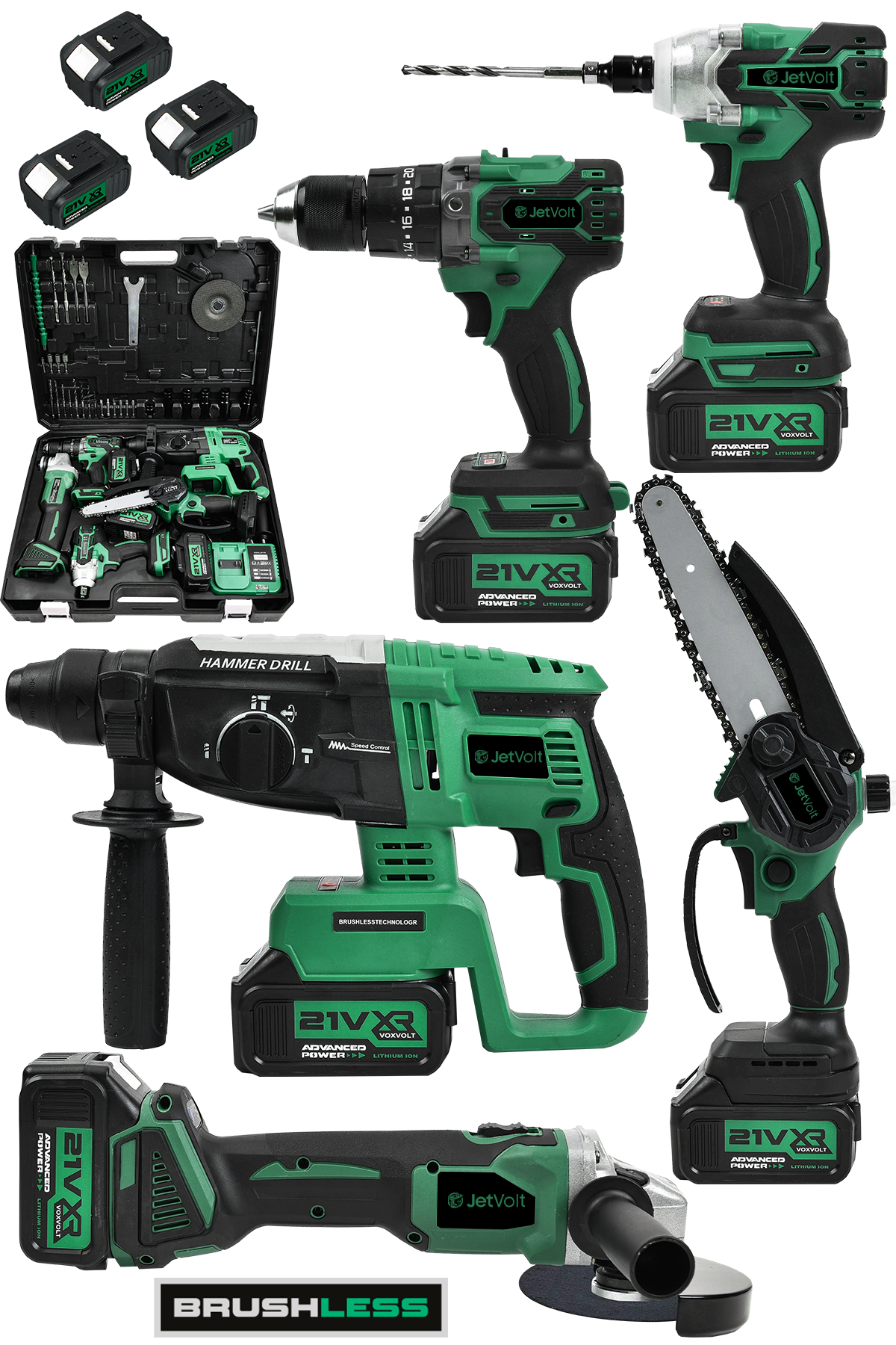 JetVolt 21V 2.0Ah Kömürsüz Darbeli 5'li Set Şarjlı Hilti + Taşlama + Somun Sıkma + Akülü Vidalama + Budama Testeri - Yeşil
