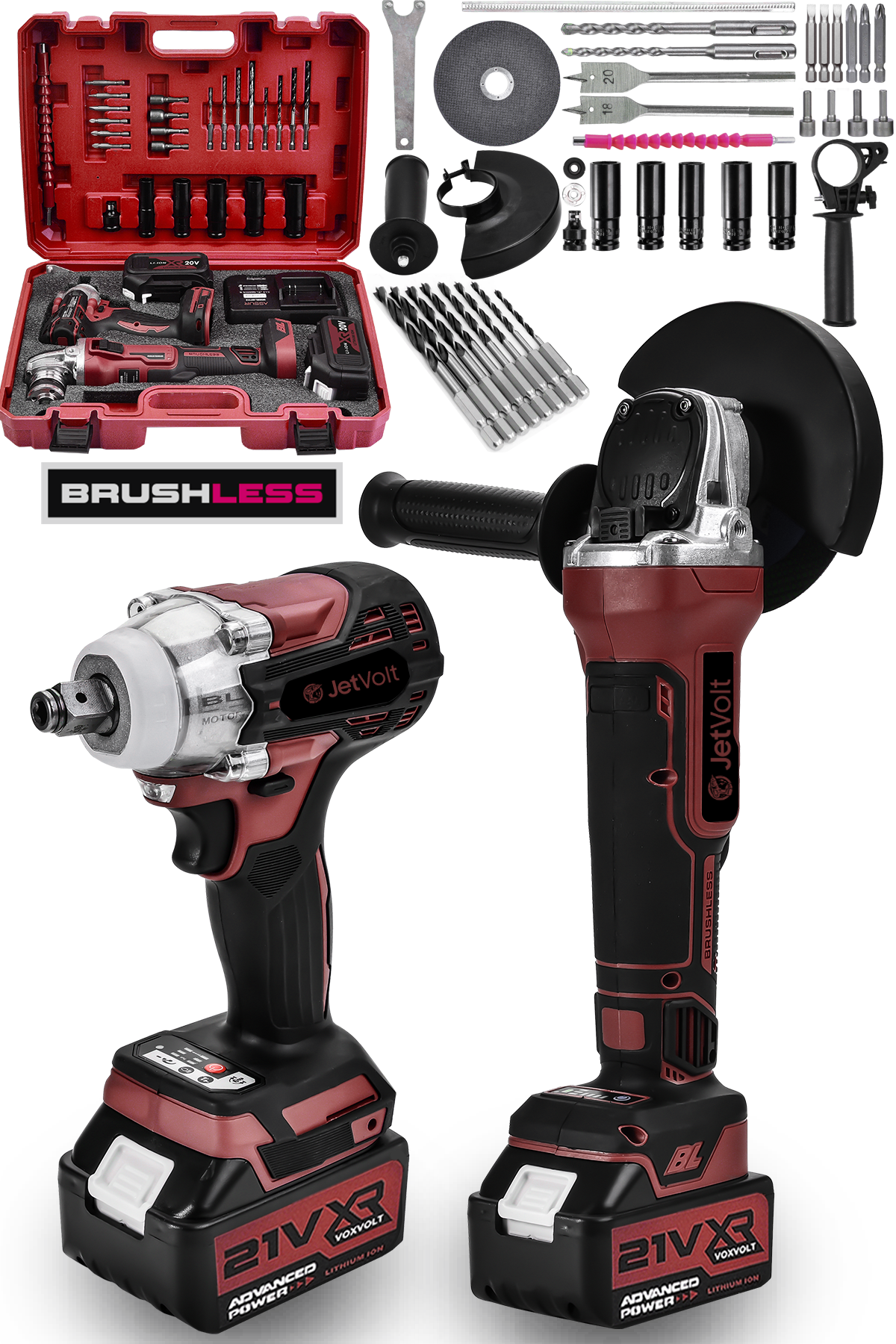 JetVolt 21V 2.0Ah Şarjlı Somun Sıkma Sökme Darbeli 450Nm + Şarjlı Taşlama 125mm Kömürsüz Profesyonel 2'li Set - Kırmızı