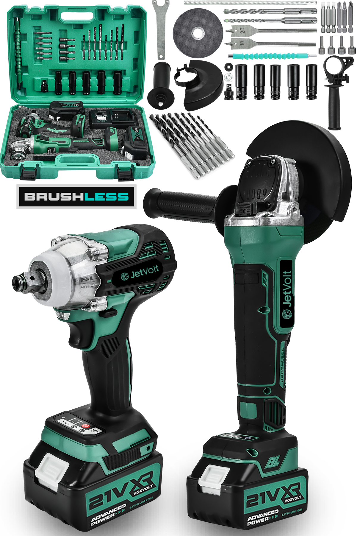 JetVolt 21V 2.0Ah Şarjlı Somun Sıkma Sökme Darbeli 450Nm + Şarjlı Taşlama 125mm Kömürsüz Profesyonel 2'li Set - Yeşil