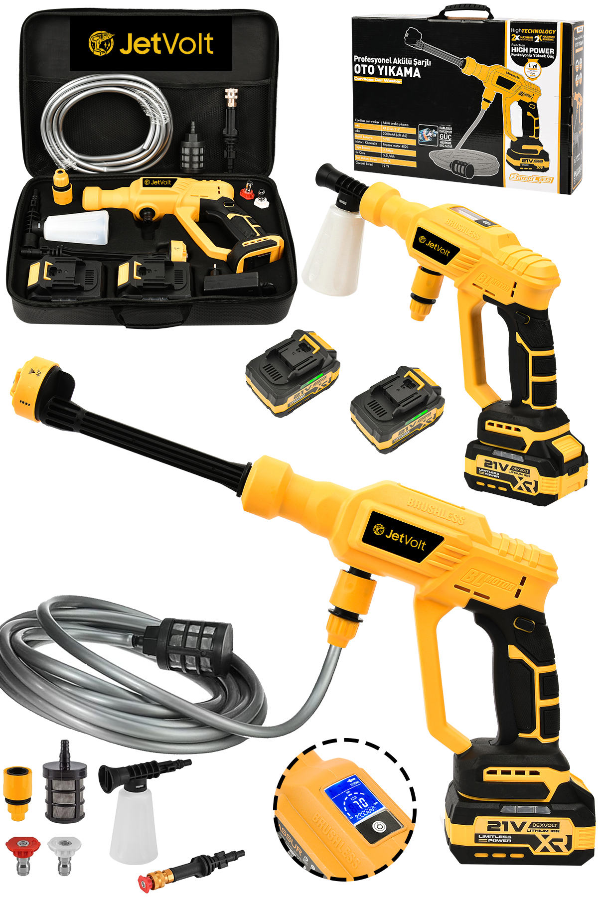 JetVolt 21V 2.0Ah Kömürsüz Motor Yüksek Basınçlı Akülü Oto Araba Yıkama Makinesi Şarjlı - Sarı