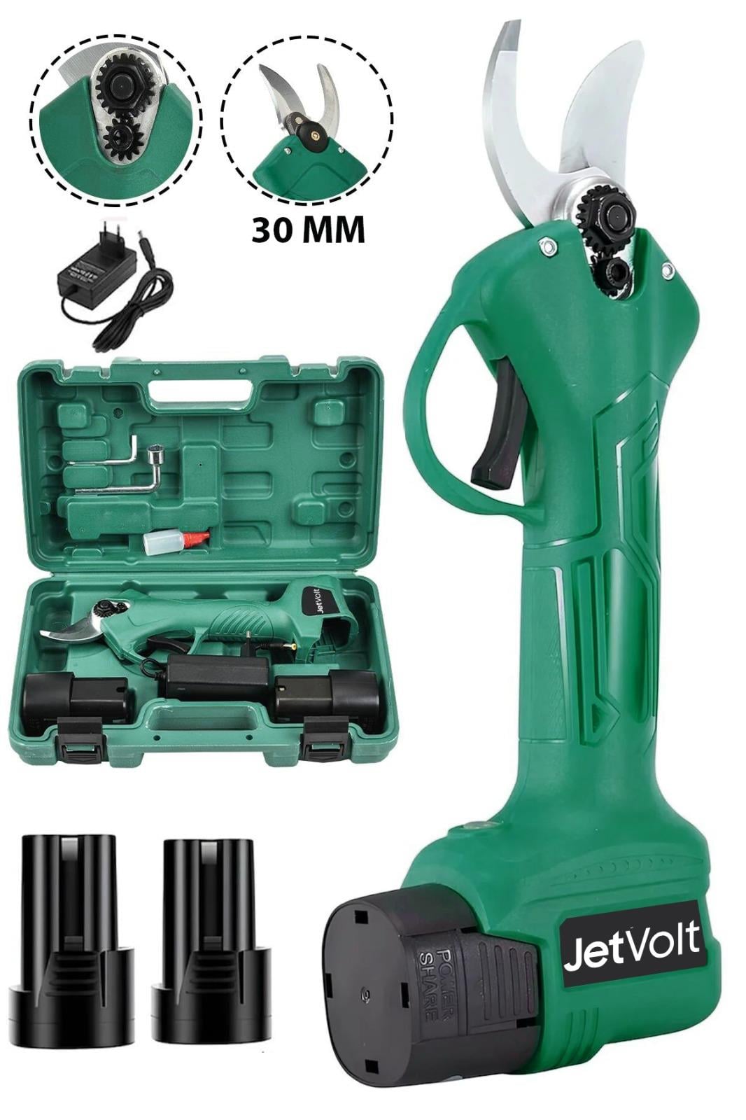 JetVolt 21v 5ah Profesyonel Çift Akülü Bahçe Sera Süper Budama Bağ Makası Şarjlı Budama Makinesi 30 MM - Yeşil