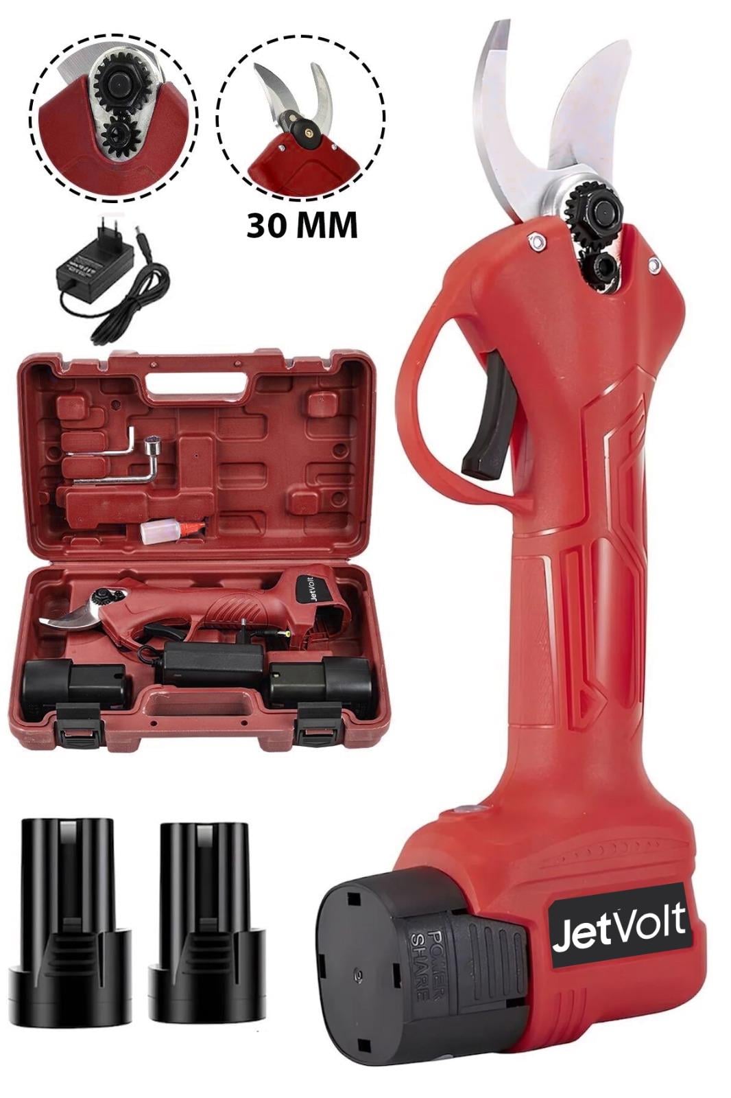 JetVolt 21v 5ah Profesyonel Çift Akülü Bahçe Sera Süper Budama Bağ Makası Şarjlı Budama Makinesi 30 MM - Kırmızı