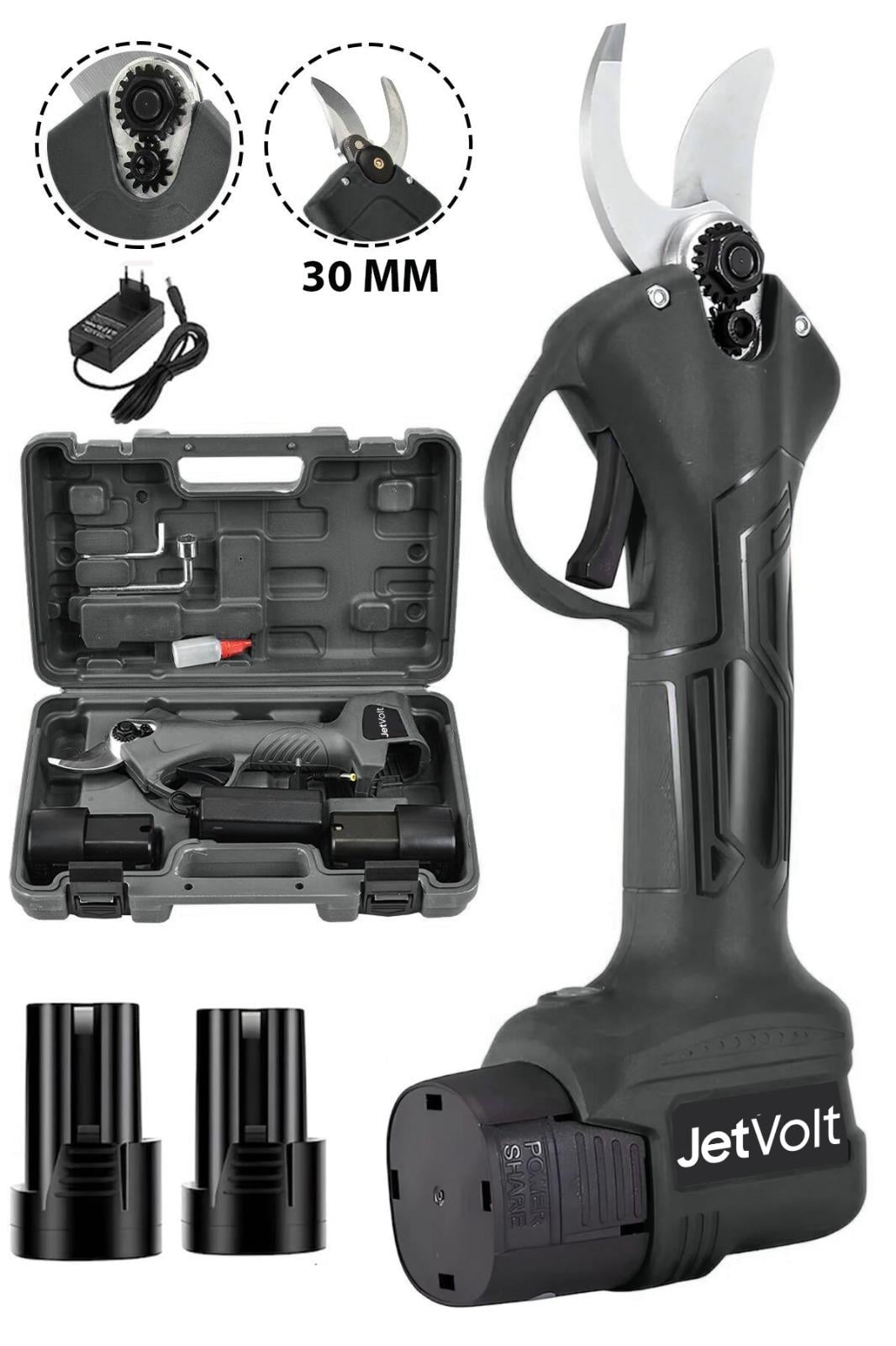 JetVolt 21v 5ah Profesyonel Çift Akülü Bahçe Sera Süper Budama Bağ Makası Şarjlı Budama Makinesi 30 MM - Siyah