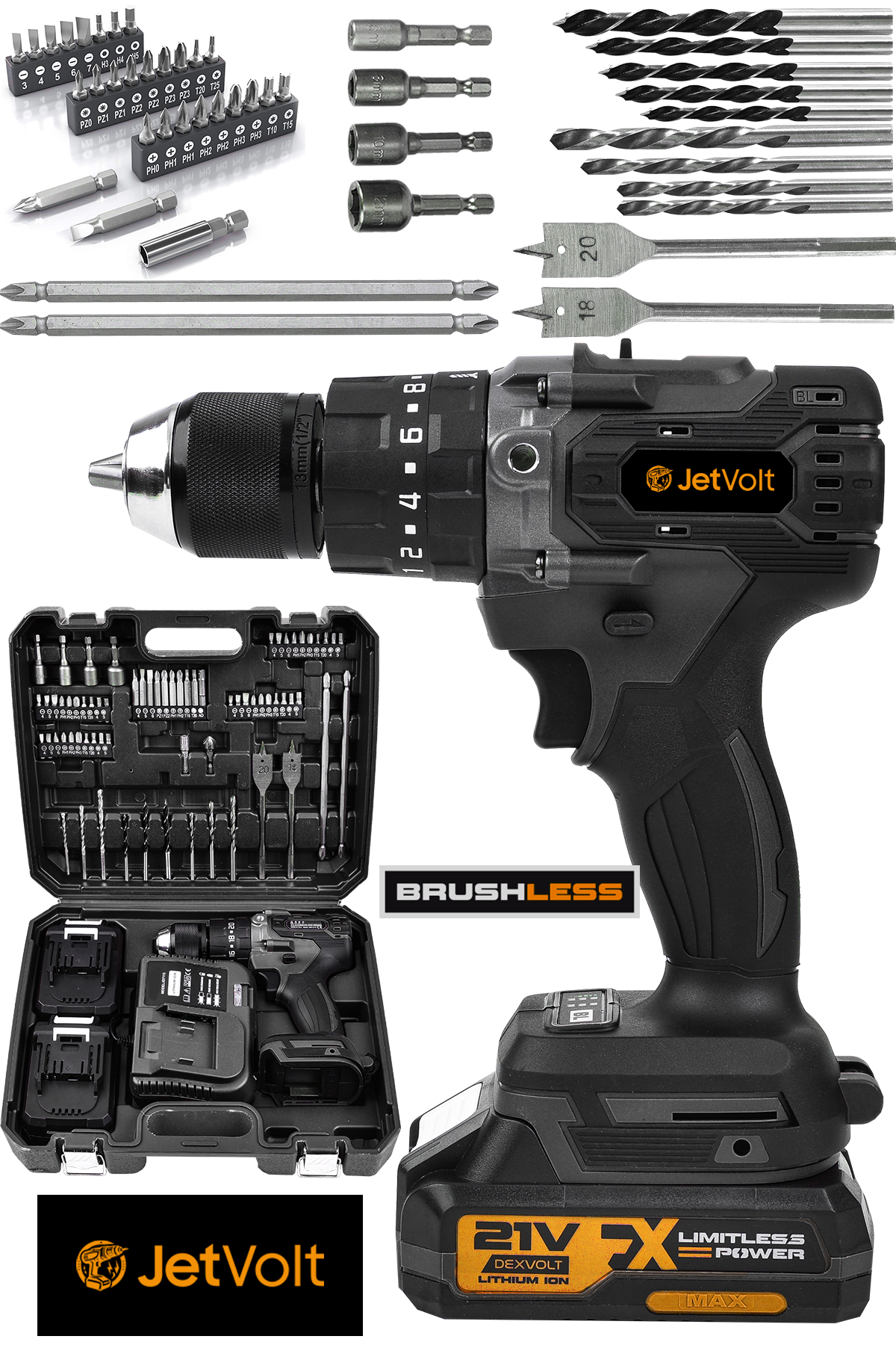 JetVolt 21V Çelik Mandren Kömürsüz Motor Darbeli Şarjlı Matkap - Siyah