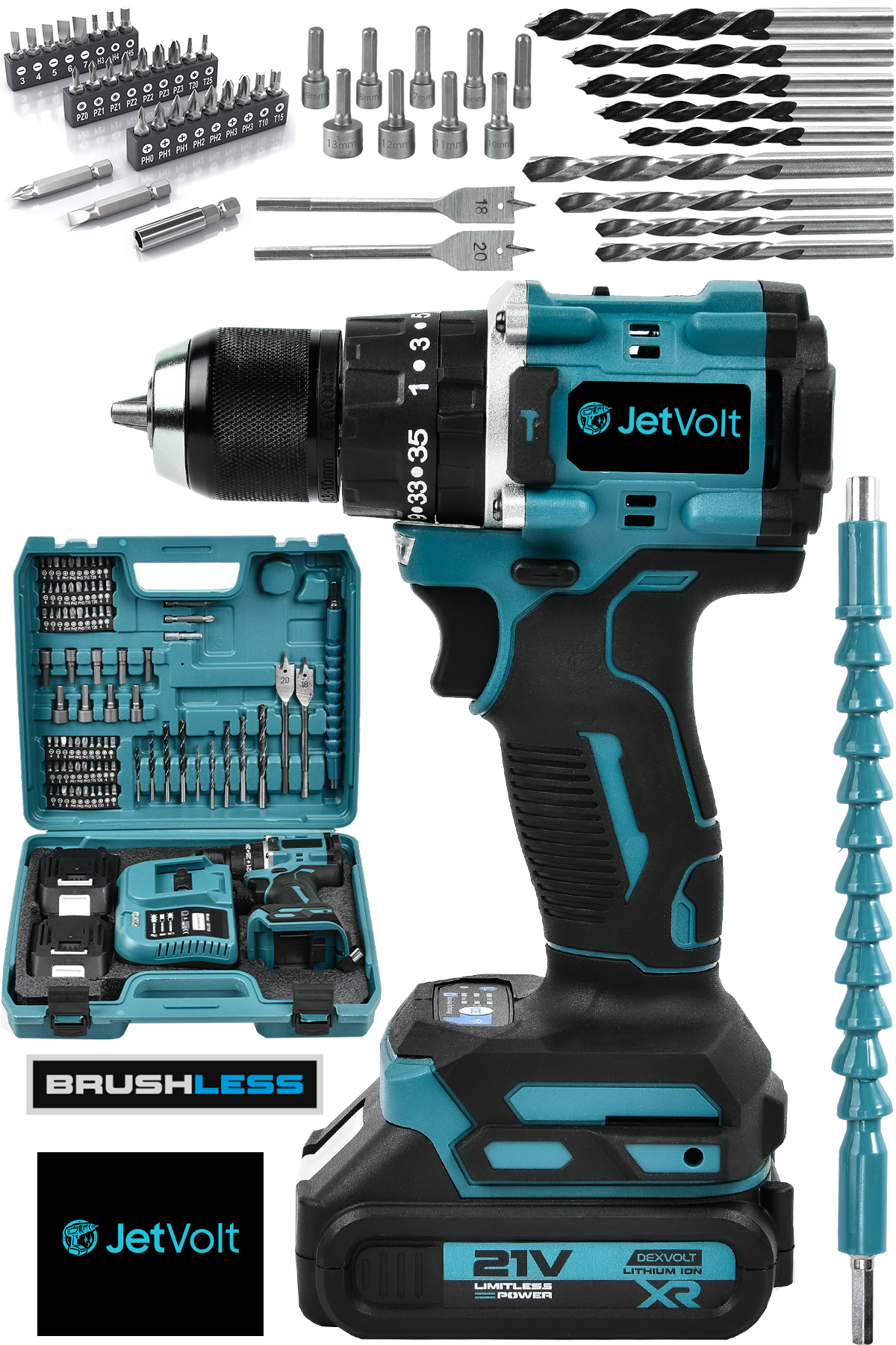 JetVolt 21V Çelik Mandren Kömürsüz Motor Darbeli Şarjlı Matkap Vidalama - Mavi