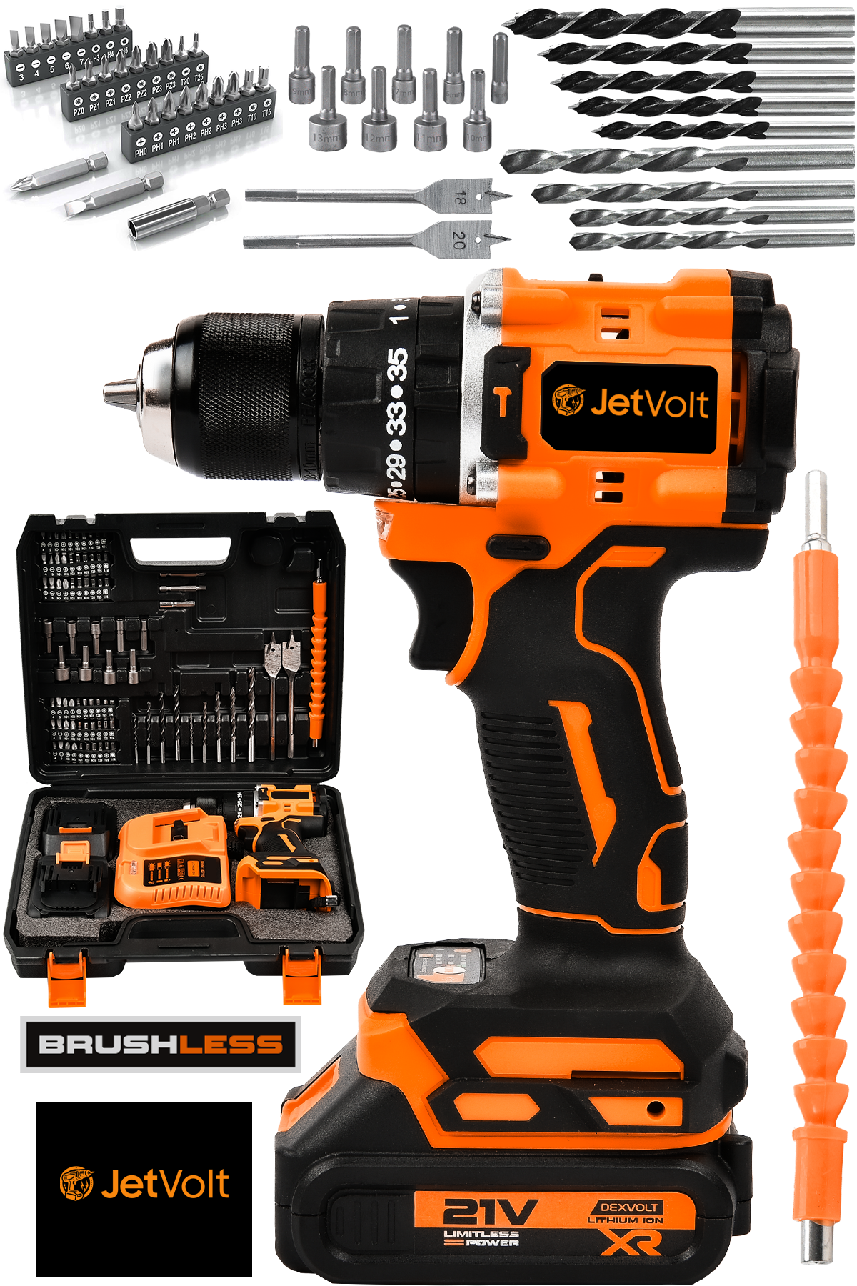 JetVolt 21V Çelik Mandren Kömürsüz Motor Darbeli Şarjlı Matkap Vidalama - Turuncu